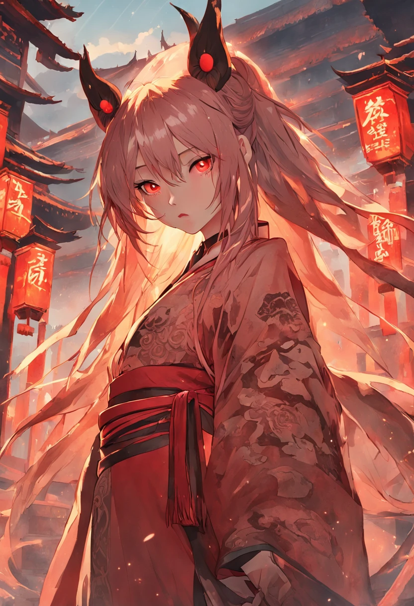A city in ruins, Partially demolished buildings, with reddish sky with some clouds and golden sunlight behind. Sem pessoas na imagem,Longhaired Beauty,Tall and tall,Tang dynasty,Ancient China,Red eyes,The eyes are cold and evil,Chinese face,Impeccable,delicated,Ancient Hanfu,period costume,(Background with:Dark and terrifying,Countless ghosts,terroral,thriller)Cursed girl,Chinese horror,The mask is half masked,Ancient design sense mask