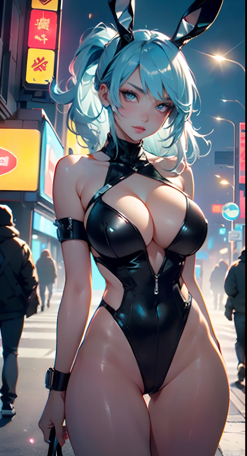 cute bunny girl,(((1girl))),((anime bunny girl with extremely cute and beautiful aqua hair walking seductively down the street)),(((bunny girl,anthro furry cute,bunny-girl))),(((bunny ears,bunny ears on head,big bunny ears))),

(large breasts:1.4),saggy breasts,(((aqua ponytail hair:1.35,colored inner hair,ear breathing,large hair))),((heterochromia,eye1 aqua,eye2 yellow,perfect eyes,upturned eyes:1.3,beautiful detailed eyes,finely detailed beautiful eyes:1,big highlight on eyes:1.2,slanted eyes)),((fat)),(((lustrous skin:1.5,bright skin: 1.5,skin tanned,shiny skin,very shiny skin,shiny body,plastic glitter skin,exaggerated shiny skin))),(spider lower abdomen,narrow waist,wide hip,athletic body,inflated legs,delicate detailed fingers,detailed body,detailed arms,human hands,(detailed face)),

cute,slutty,seductive,erotic,(((nsfw))),

(((pit girl uniform)))(magenta pit girl suit unbuttoned),((magenta clothes)),(((huge cleavage))),cleavage cutout,(detailed outfit,detailed clothes),

(dynamic pose:1.0),solo focus,embarrassed,centered,scale to fit dimensions,Rule of thirds,

outdoors,((night view)),(very pretty city neon synthwave,cyberpunk night street Background:1.5,dark sky,thick clouds),future vehicles,((neon lights)),thick clouds,(cyberpunk style,neon lights, (synthwave theme background), lonely street),(((detailed background:1.25))),

(best quality),(high resolution),(sharp focus),(ultra detailed),(extremely detailed),(extremely high quality artwork),8k_wallpaper,(extremely detailed CG 8k),(very fine 8K CG),((hyper super ultra detailed perfect piece)),flawless,(((masterpiece))),illustration,vibrant colors,(intricate),High contrast,Selective lighting,Double exposure,HDR (High Dynamic Range),Post-processing,Background blur,