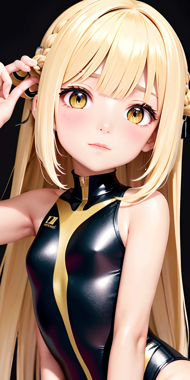 Portrait、(masterpiece,Highest quality,Ultra-high resolution),Japanese women, (((Very beautiful 25 year old girl))),(Yellow latex maid outfit)、(Yellow latex long skirt)、(A yellow latex long-sleeved shirt covering the upper body)、Yellow latex long gloves、Yellow latex socks、Latex bodysuit、Latex is very shiny、Dark Room、