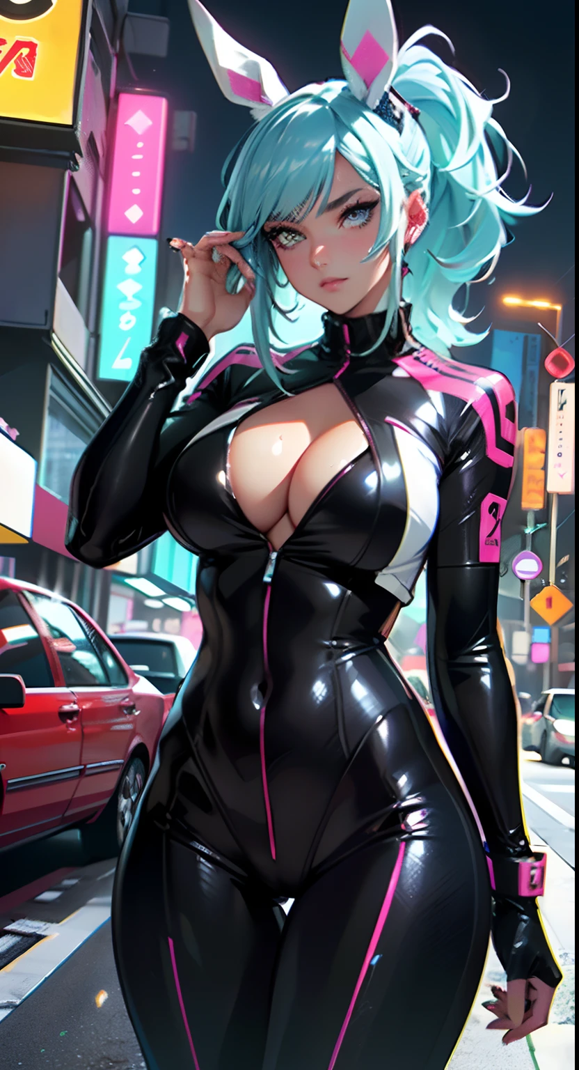 cute bunny girl,(((1girl))),((anime bunny girl with extremely cute and beautiful aqua hair walking seductively down the street)),(((bunny girl,anthro furry cute,bunny-girl))),(((bunny ears,bunny ears on head,big bunny ears))),
(large breasts:1.4),saggy breasts,(((aqua ponytail hair:1.35,colored inner hair,ear breathing,large hair))),((heterochromia,eye1 aqua,eye2 yellow,perfect eyes,upturned eyes:1.3,beautiful detailed eyes,finely detailed beautiful eyes:1,big highlight on eyes:1.2,slanted eyes)),((fat)),(((lustrous skin:1.5,bright skin: 1.5,skin tanned,shiny skin,very shiny skin,shiny body,plastic glitter skin,exaggerated shiny skin))),(spider lower abdomen,narrow waist,wide hip,athletic body,inflated legs,delicate detailed fingers,detailed body,detailed arms,human hands,(detailed face)),
cute,slutty,seductive,erotic,(((nsfw))),
(((pit girl uniform)))(magenta pit girl suit unbuttoned),((magenta clothes)),(((huge cleavage))),cleavage cutout,(detailed outfit,detailed clothes),
(dynamic pose:1.0),solo focus,embarrassed,centered,scale to fit dimensions,Rule of thirds,
outdoors,((night view)),(very pretty city neon synthwave,cyberpunk night street Background:1.5,dark sky,thick clouds),future vehicles,((neon lights)),thick clouds,(cyberpunk style,neon lights, (synthwave theme background), lonely street),(((detailed background:1.25))),
(best quality),(high resolution),(sharp focus),(ultra detailed),(extremely detailed),(extremely high quality artwork),8k_wallpaper,(extremely detailed CG 8k),(very fine 8K CG),((hyper super ultra detailed perfect piece)),flawless,(((masterpiece))),illustration,vibrant colors,(intricate),High contrast,Selective lighting,Double exposure,HDR (High Dynamic Range),Post-processing,Background blur,