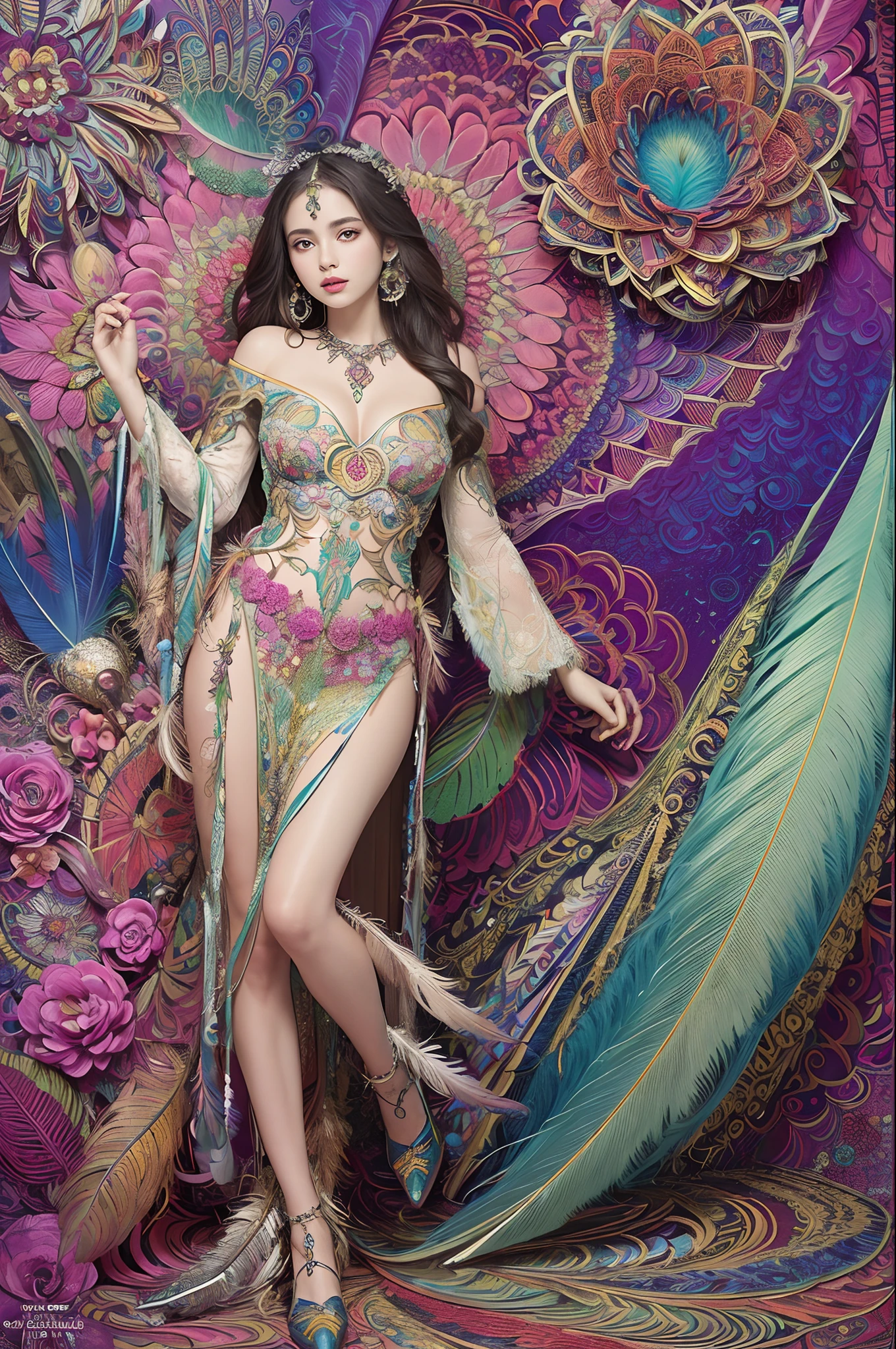 (masterpiece, top quality, best quality, official art, beautiful and aesthetic:1.2), (1girl:1.3), extremely detailed,(fractal art:1.1),(colorful:1.1)(flowers:1.3),highest detailed,(zentangle:1.2), full body, (abstract background:1.3), (shiny skin), (many colors:1.4), ,(earrings), (feathers:1.5),