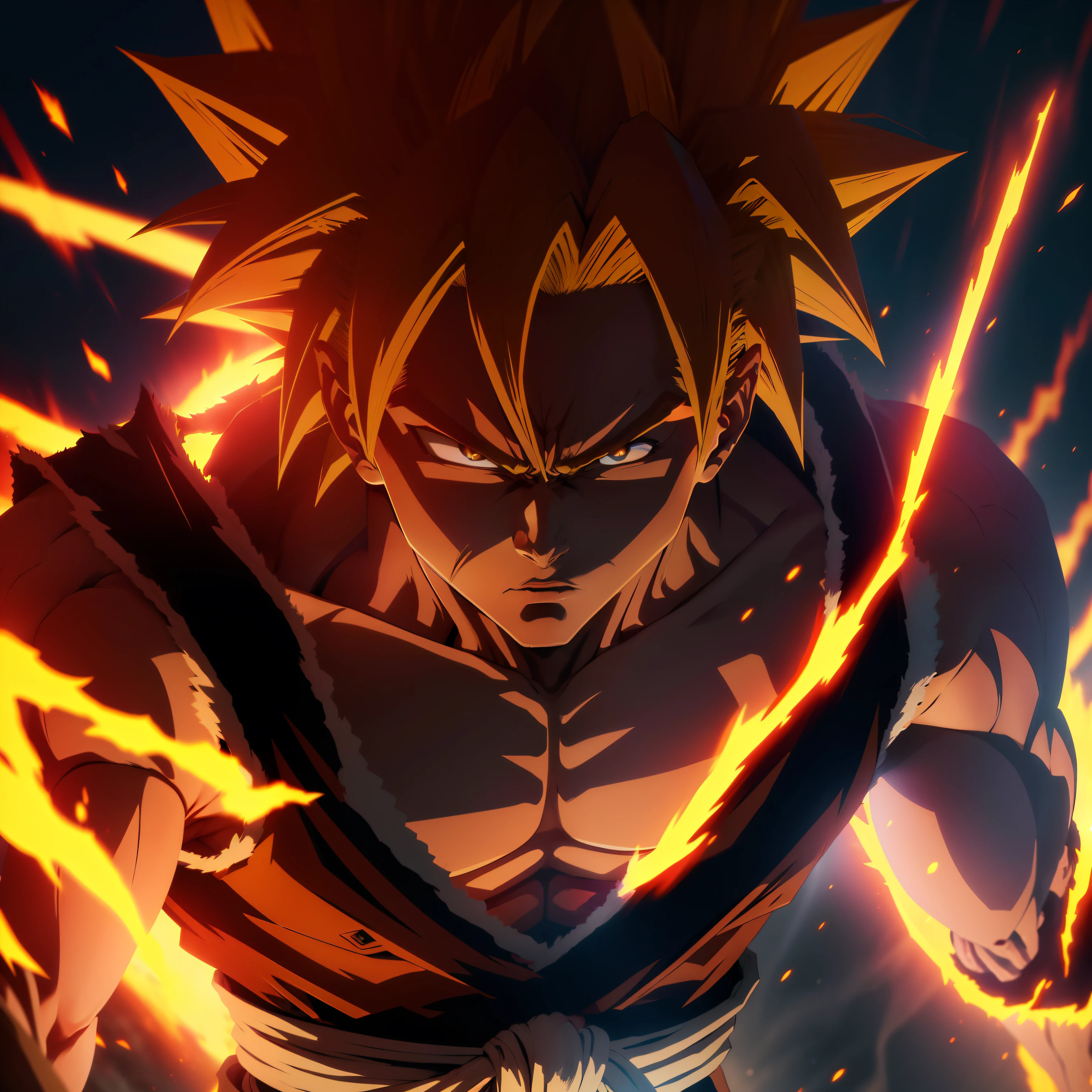 Goku, Super Saiyajin, ki, obrafina, altamente detalhado, cabelos brancos, menacing face, dramatic light intensity.