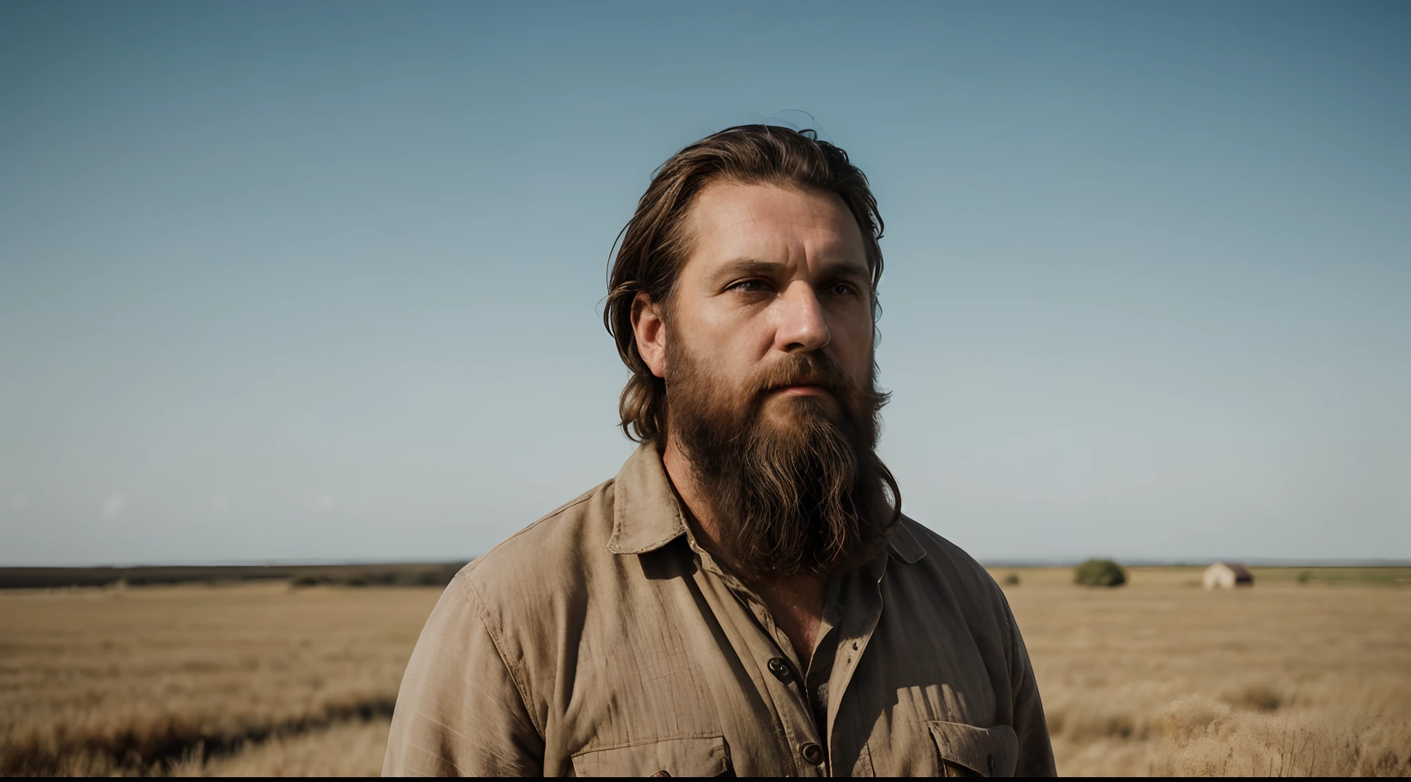 A man 40 years old with hair and a beard of brown color gazes at the horizon and thinks about his entire life, 1 man in the scene, a country scene, there is a lot of dust in the wind, calm and peaceful composition, wide-angle camera scene, contemplative scene, pastel colors, full body shot, sunny and daylight, movie perspective, high definition, intricate details, dynamic composition, volumetric light, RAW, masterpiece, Fujifilm XT3, shadow contrast, photorealistic
