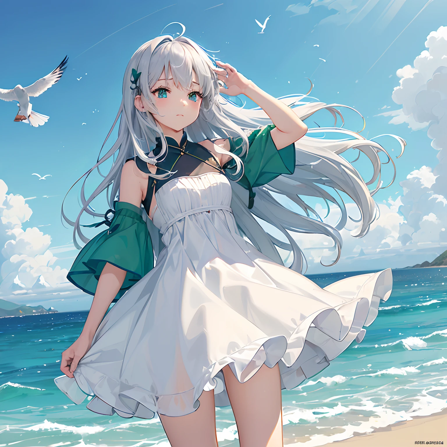 masterpiece、top-quality、High-quality images、8K、 ((Background with、Precise perspective、line-drawing、Contour extraction、colourfull、Moderate shading、Medium omission:1.4)) ((shores、sea breeze、seagulls、Blue and dazzling sky、Ana walking on the beach、Hair swaying in the wind、Clear eyes:1.4)) announcer((Has the ability to manipulate the darkness of the mind at will、Sleep peacefully when Leo is not around、pure、with light glowing、Little crybaby、Semi-long silver hair、Emerald green eyes、Slimed、Balanced proportions、Fashionable dresses selected in the costume room、Leo's Advisor、Freedom of action、Try to convey your thoughts:1.5))、、、I am Leo、How about、announcer、I like the sea、A delightful?I'll be home in a little while.、By that time、Have fun、
