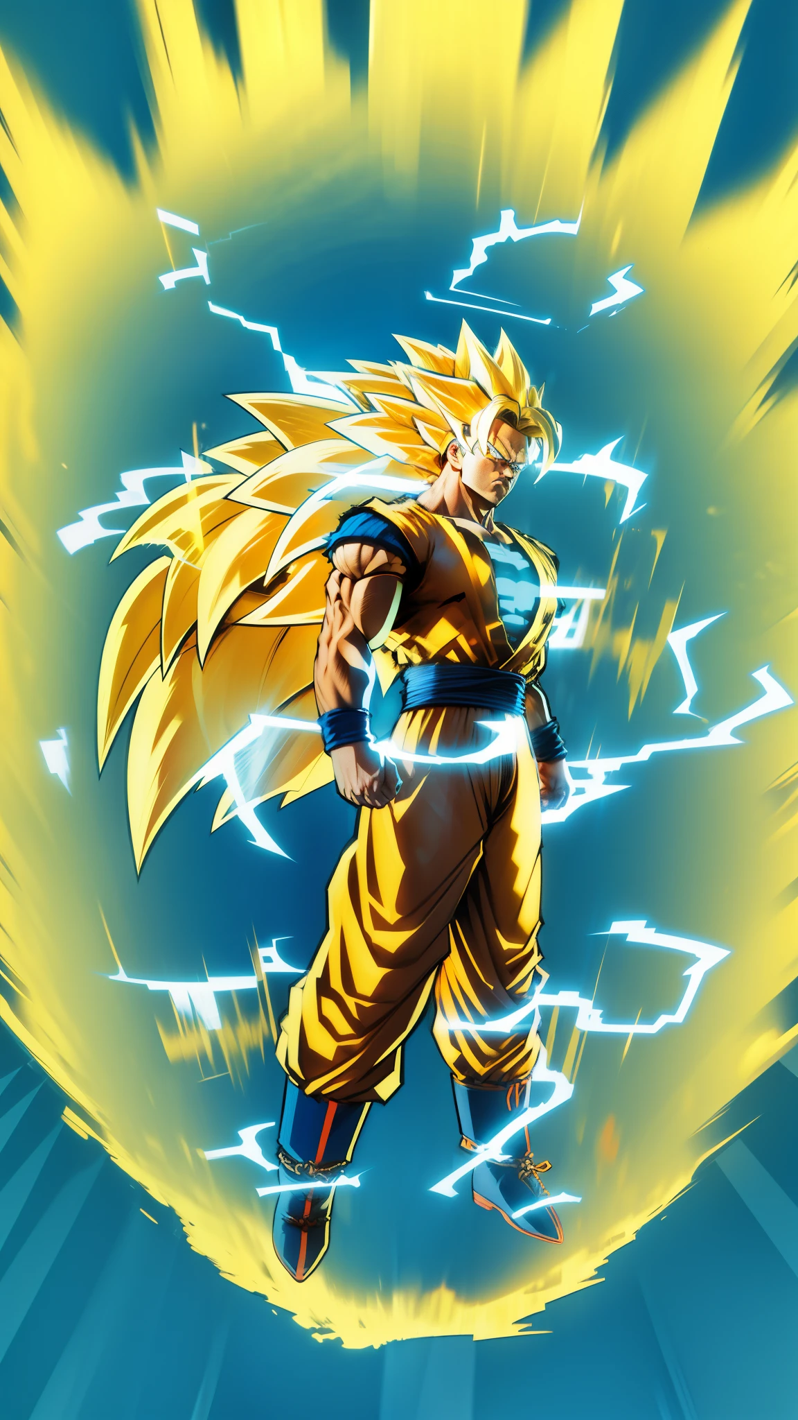 Goku super saiyan 3, Adult man with long neon golden hair extremely muscular, defined muscles full of veins, dark orange colored clothing, blue bracelets on the wrists, serious face, muscle definition, large shoulders, rounded biceps, unreal engine 5.8k.