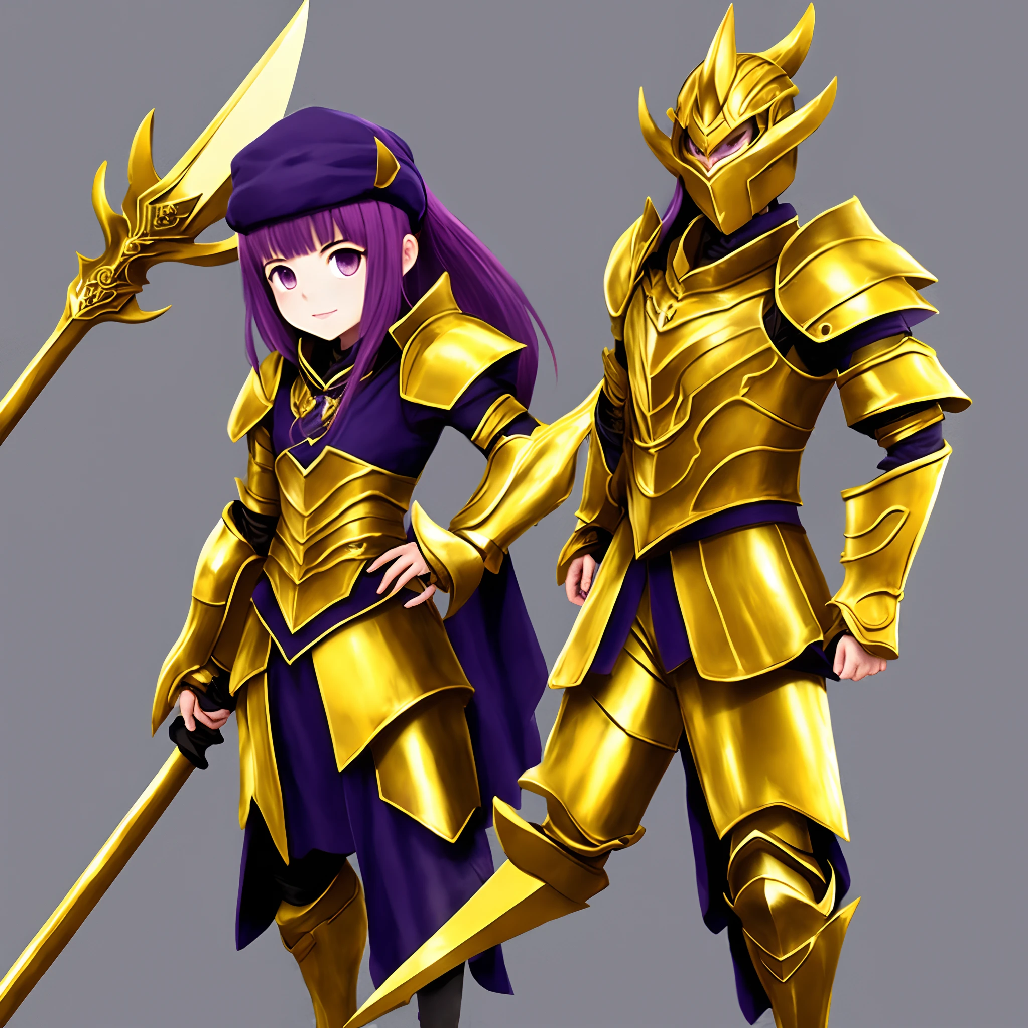 Dressed in gold armor,Wears a purple-gold black gauze hat,Double ponytailed loli holding Fang Tian's halberd