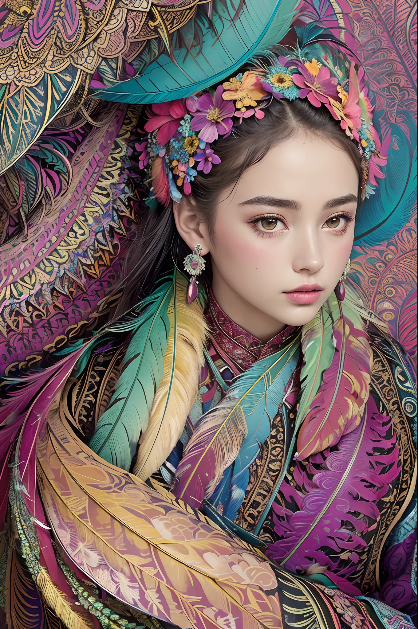 (masterpiece, top quality, best quality, official art, beautiful and aesthetic:1.2), (1girl:1.3), extremely detailed,(fractal art:1.1),(colorful:1.1)(flowers:1.3),highest detailed,(zentangle:1.2), full body, (abstract background:1.3), (shiny skin), (many colors:1.4), ,(earrings), (feathers:1.5),