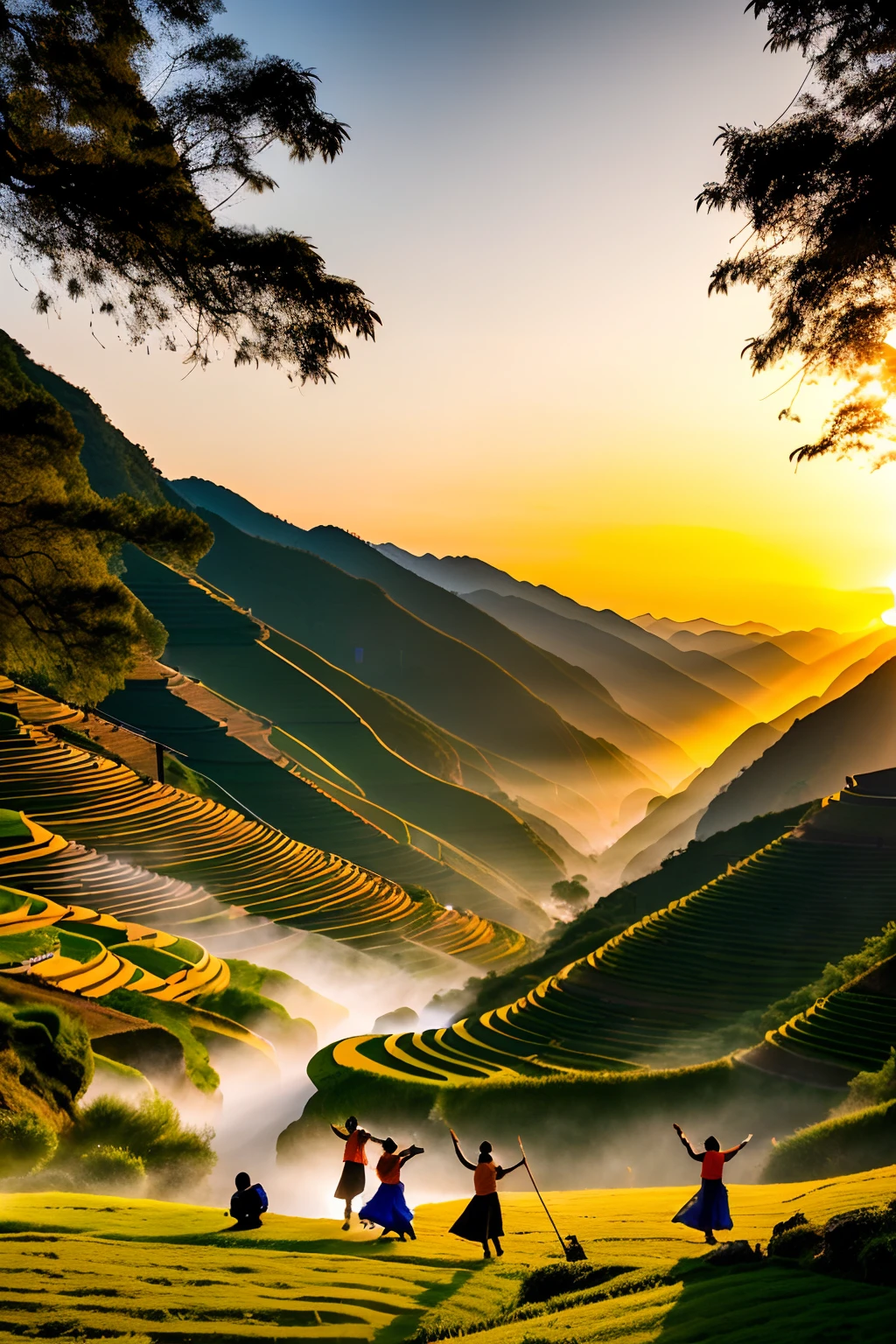 In a wide valley,Sunset,The orange afterglow shines,Young men and women of the Zhuang ethnic group wear traditional Zhuang costumes,Hand-held hammer,Dance against the backdrop of green mountains and water。The pose of the dancers and the swing of the hammer create captivating shadows in the setting sun,It creates a warm and magnificent picture。