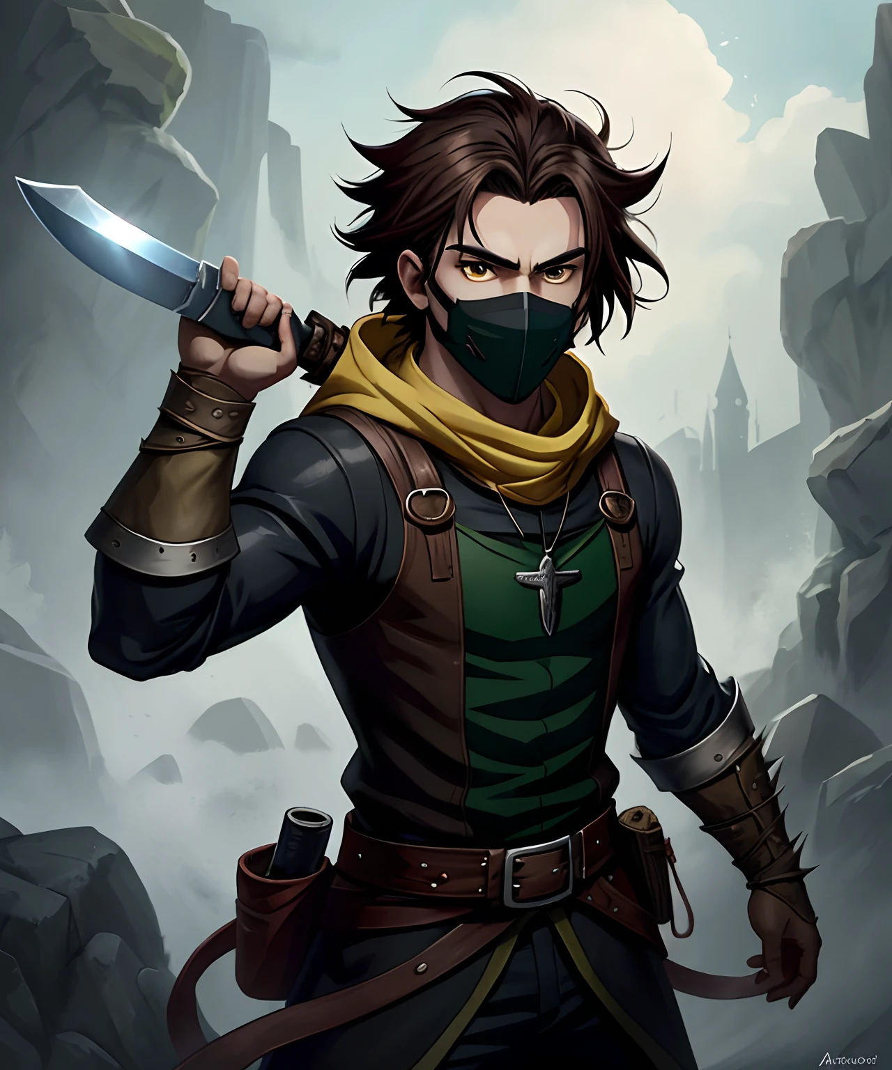 a drawing of a young man with an âmbar hair, short hair, anime style character, trigger anime artstyle, cel-shaded art style, male anime style, in an anime style, detailed hair, highly detailed character, detailed character portrait, inspired by Jean Malouel, cute guy in demon slayer art, drawn with photoshop, digital painting, detailed lighting, wearing a medieval green hood and a Black half mask, holding two daggers, brown colored hair, classic hair style, yellow eyes, medieval RPG, RPG character, medieval, fighting stance, leather half mask, demoniac red right arm