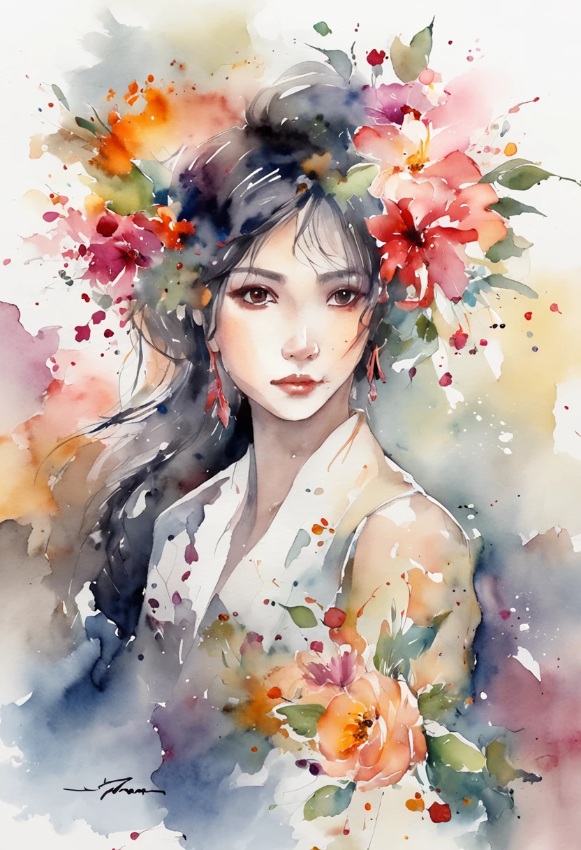 Stechu,(White background:1.4), ((Tachi-e)), Original,(Illustration:1.1),(Best Quality),(masutepiece:1.1),(the Extremely Detailed CG Unity 8K Wallpapers:1.1), (Colorful:0.9),(panoramic shot:1.4),(Solo:1.2), (Ink splashing),(splashes of colour),((watercolor paiting)), Clear Sharp Focus,{ 1girl standing },flowers background,Outdoors,boulders, Looking at Viewer, make happy expressions,Soft smile,pure,beautiful detailed face and eyes,beautyfull intricacy clothing decorative pattern details, Black hair,Black eyes,colorwater