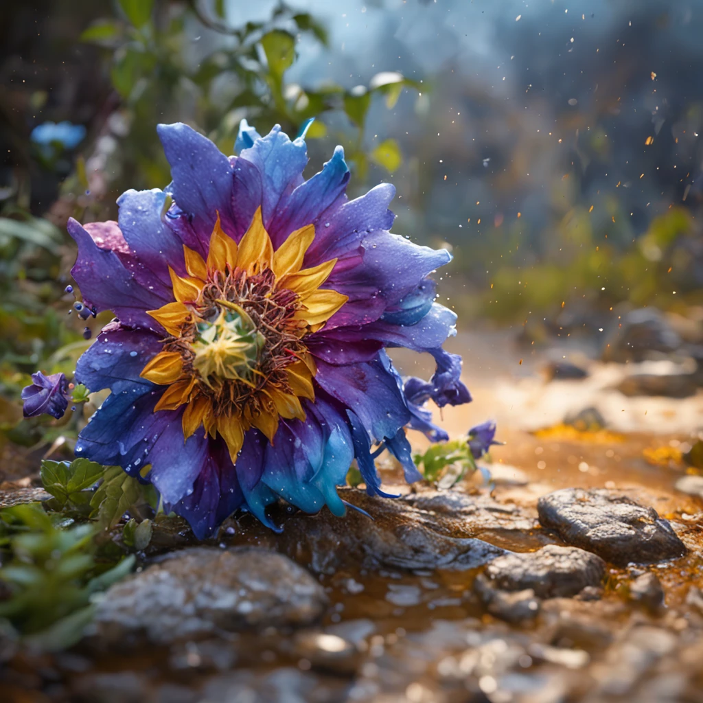 A withering flower, Starry night, Thick fog on the ground, Blue light on the horizon, Unreal Engine 5, Cinematic, low angle photography, Motion blur, Depth of field, Dust, Cobblestones and dirt. Splash Art, dripping paint. Perfect color grading. Influenced by Karel Appel and Jeremy Mann, A scene full of sad colors, Hyper-detailed, Beautiful, insanely details, Intricate details, editorial photography, shot with a 50mm lens, Depth of field, Tilt Blur, Shutter speed 1/1000, f/22. Lightmaps, Super bright