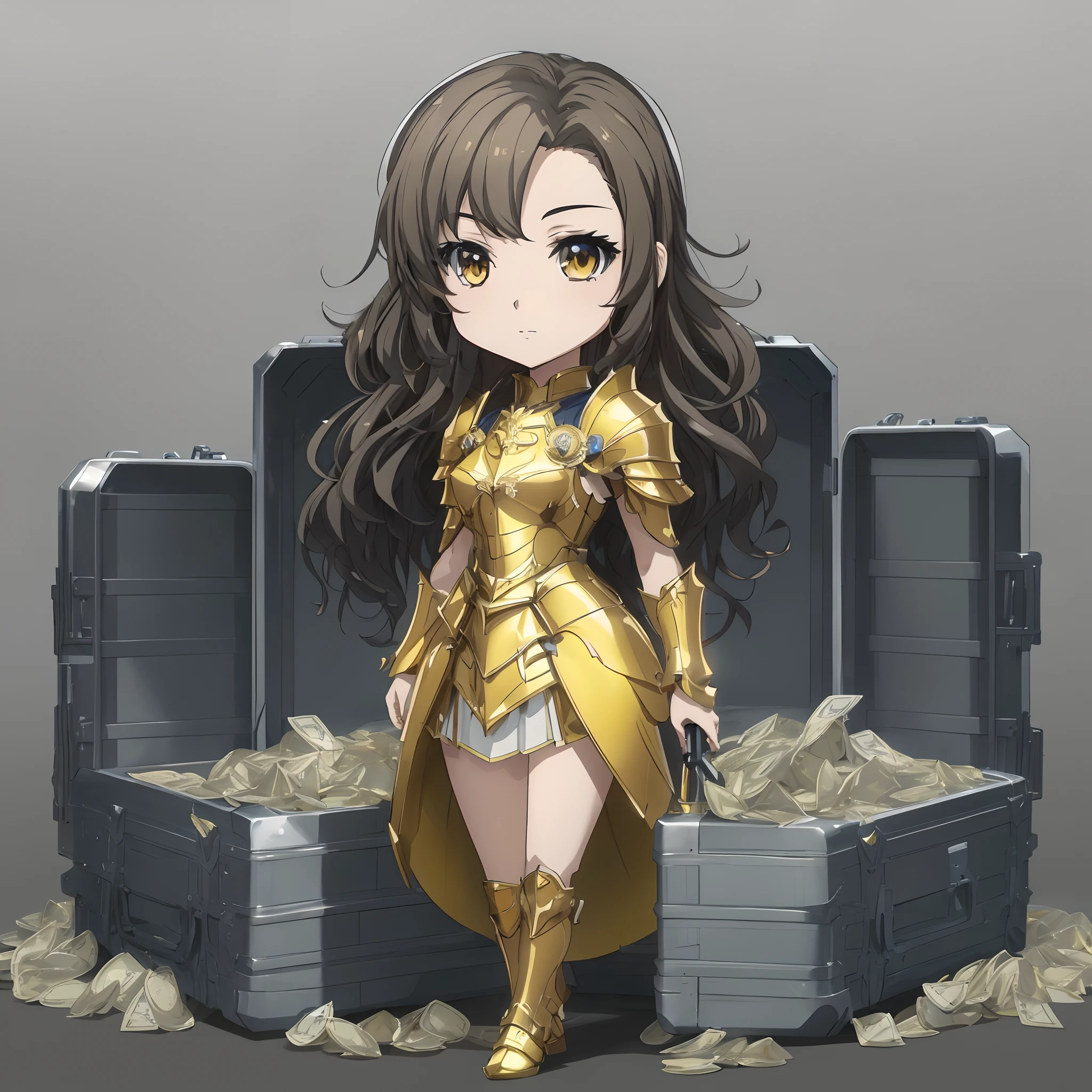 Anime character with suitcase full of money, armor girl, portrait knights of zodiac girl, wearing gold armor, knights of zodiac girl, Gold Armor, Wearing golden armor, golden armour, gold armour, detailed anime character art, covered in full metal armor, mighty princess of the wasteland, golden armour, angelic golden armor, Official Character Art, high detailed official artwork
