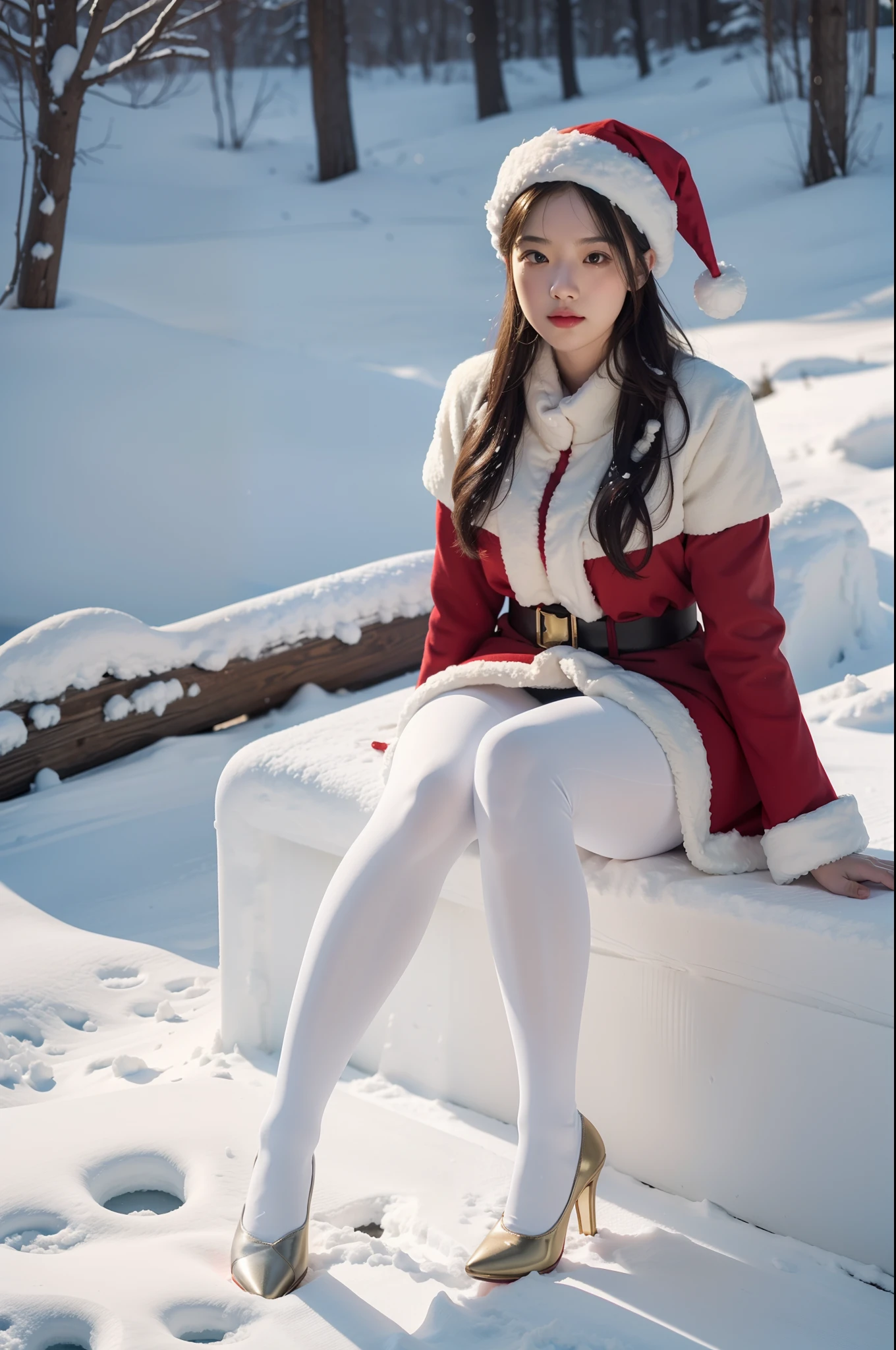 (full body:1.5),(1girl:1.3),(view the viewer:1.4),(anatomy correct:1.3),(Sitting in the snow:1.2),(A Santa Claus Set:1.2),( Very thick Lime Pantyhose:1.3),( girl pointed thick heels :1.1),(Accurate and perfect face:1.3),hyper HD, Ray traching, reflective light, structurally correct, Award-Awarded, high detail, lighten shade contrast, Face lighting ,cinematic lighting, masterpiece, super detailing, high quality, high detail, best quality, 16k,High contrast,