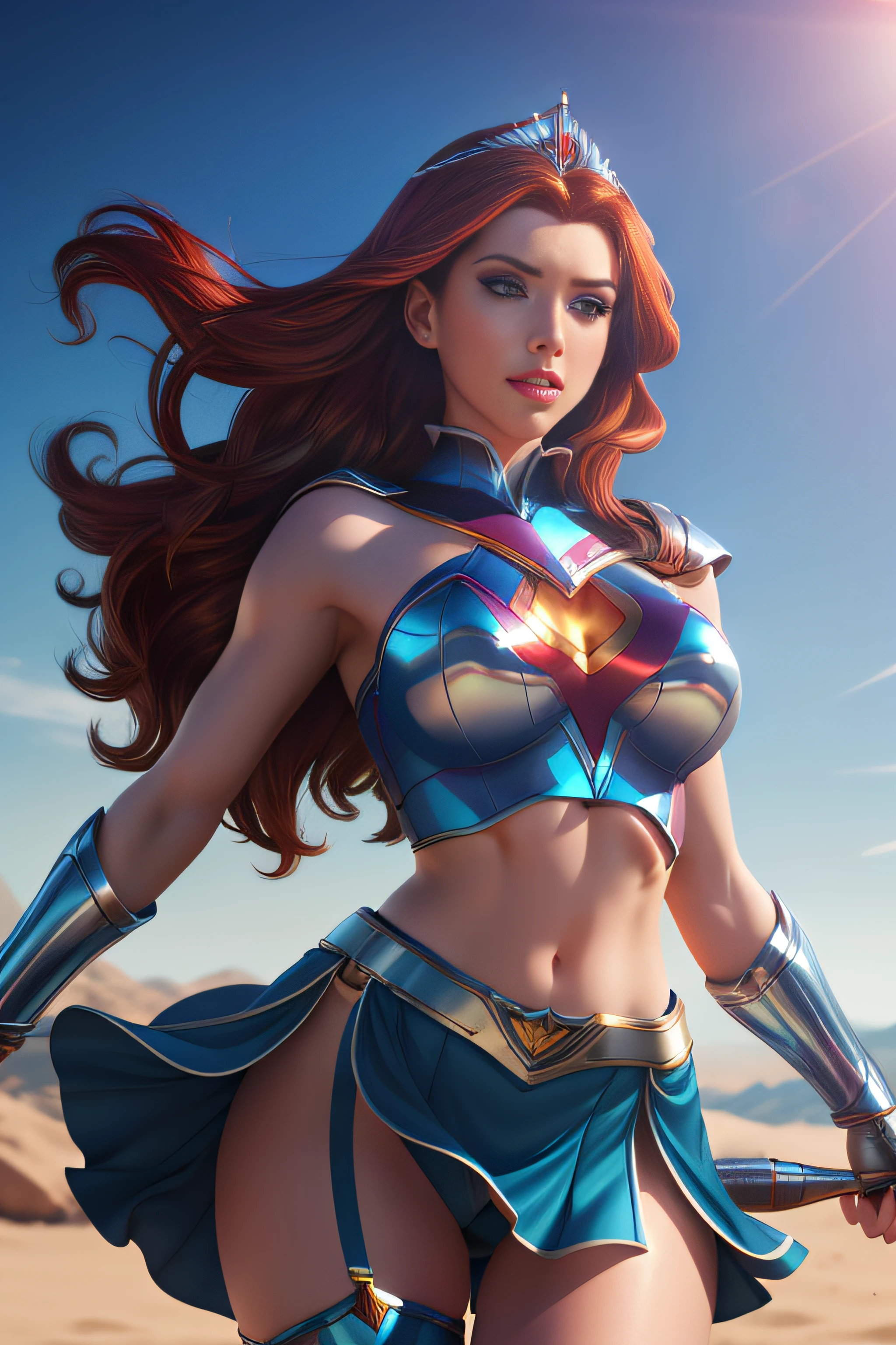 (Masterpiece, 4k resolution, ultra-realistic, very detailed)  Amouranth as a sexy beautiful shy superheroine. red hair blue eyes wears a sleeveless blue midriff shirt with a silver trident, wears a silver tiara on forehead with a blue gem in the center. wears silver bracelets or cuffs with long blue gloves, A blue skirt with a silver belt . wears long blue knee boots portrait photography by artgerm, in the style of realism, glistening skin, cartooncore, mangacore, natural lighting, Defined full lips. fitness feminine body