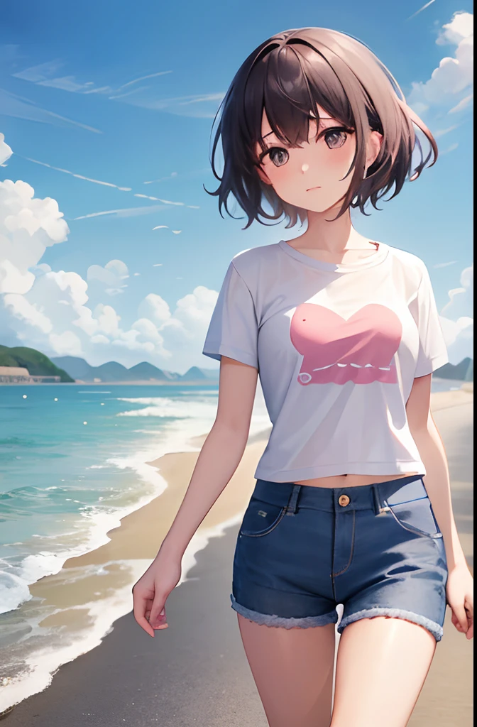 A girl walks on a seaside road、Staring at the sea with a cool face。What to wear、T-shirt and hot pants