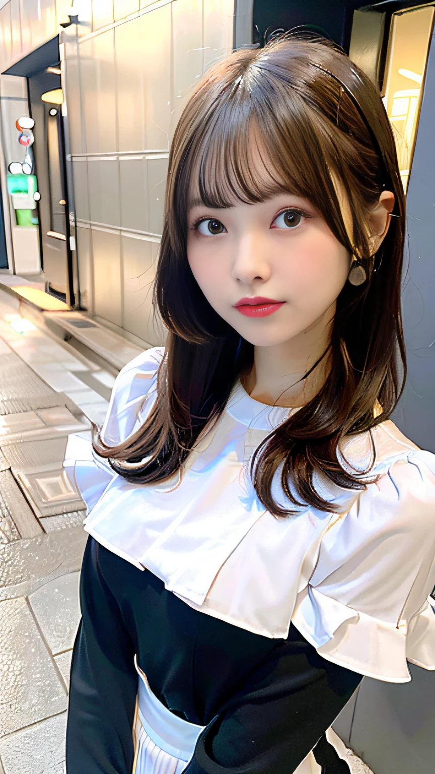 (top-quality、8k、32k、masterpiece、UHD:1.2)、1girl in、beautiful japanese female、big breasts thin waist、Aligned bangs、Tight white tops、Black miniskirt、20yr old、Coming down the brick stairs、(Bite Pose:1.2)、(smil:1.2)、