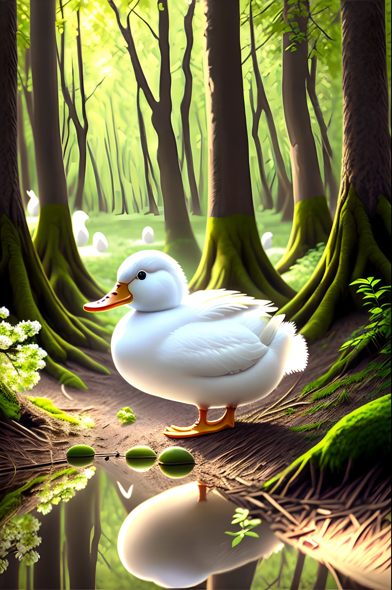 White duck playing in beautiful forest、Happy smile