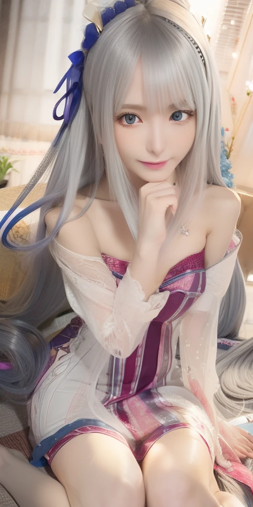 a girl with long silver hair,her long and straight hair makes her very beautiful,slim body with beautiful face, realistic 3D anime, realistic anime portrait, transform into an innocent girl realistically