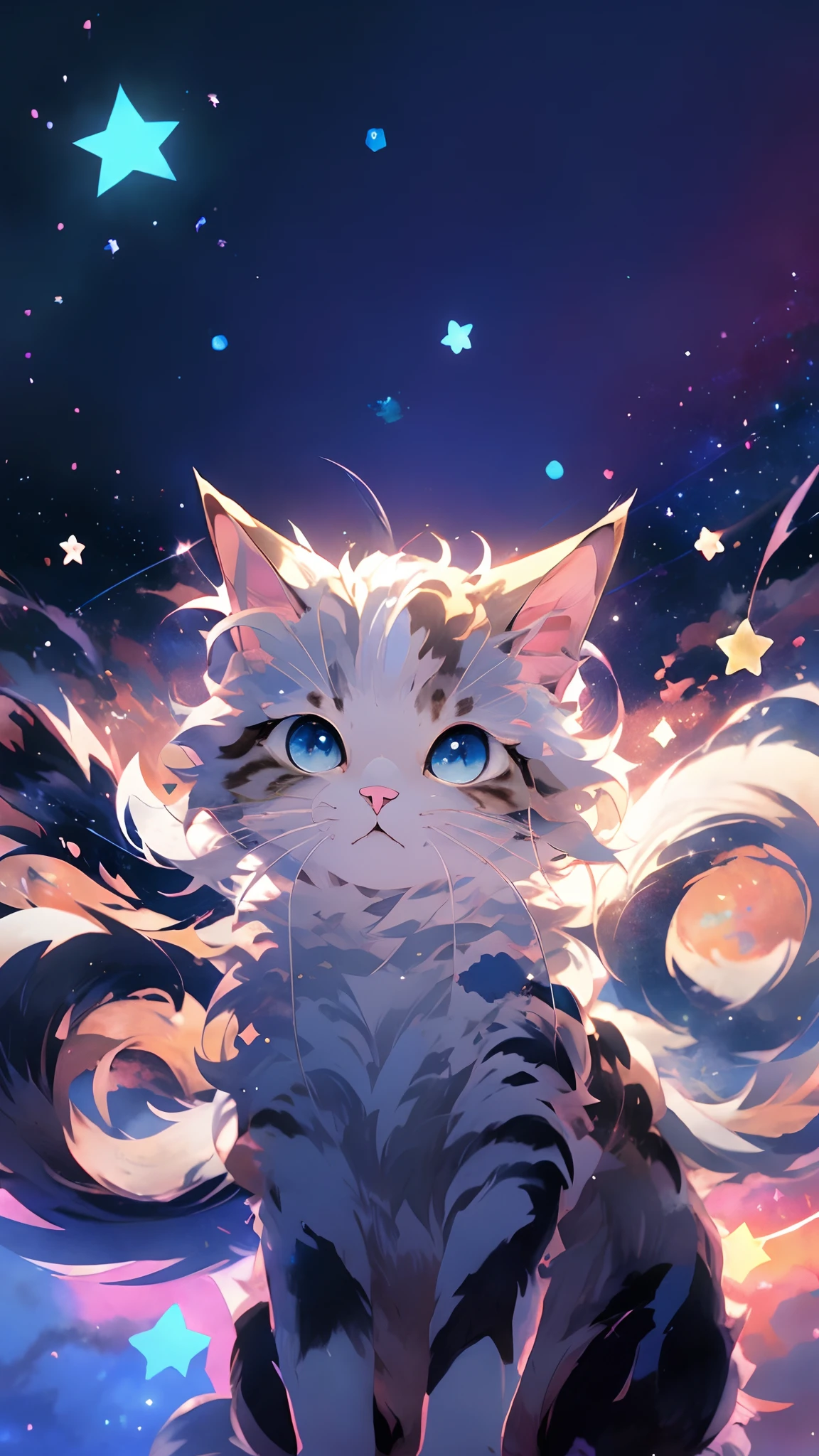 Anime cat on blue eyes and stars background, anime cat, anime art wallpaper 4k, anime art wallpaper 4k, realistic anime cat, Anime art wallpaper 8k, anime visual of a cute cat, very very beautiful furry art, beautiful anime catgirl, Very Beautiful Anime Cat Girl, cute detailed digital art, anime wallpaper 4k, anime wallpaper 4 k