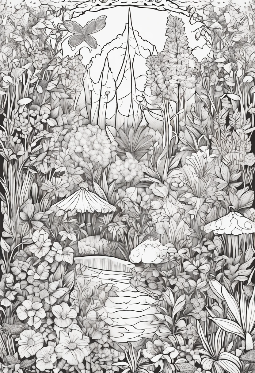 Enchanted gardens coloring pages full of flowers, exotic plants and magical elements in black and white
