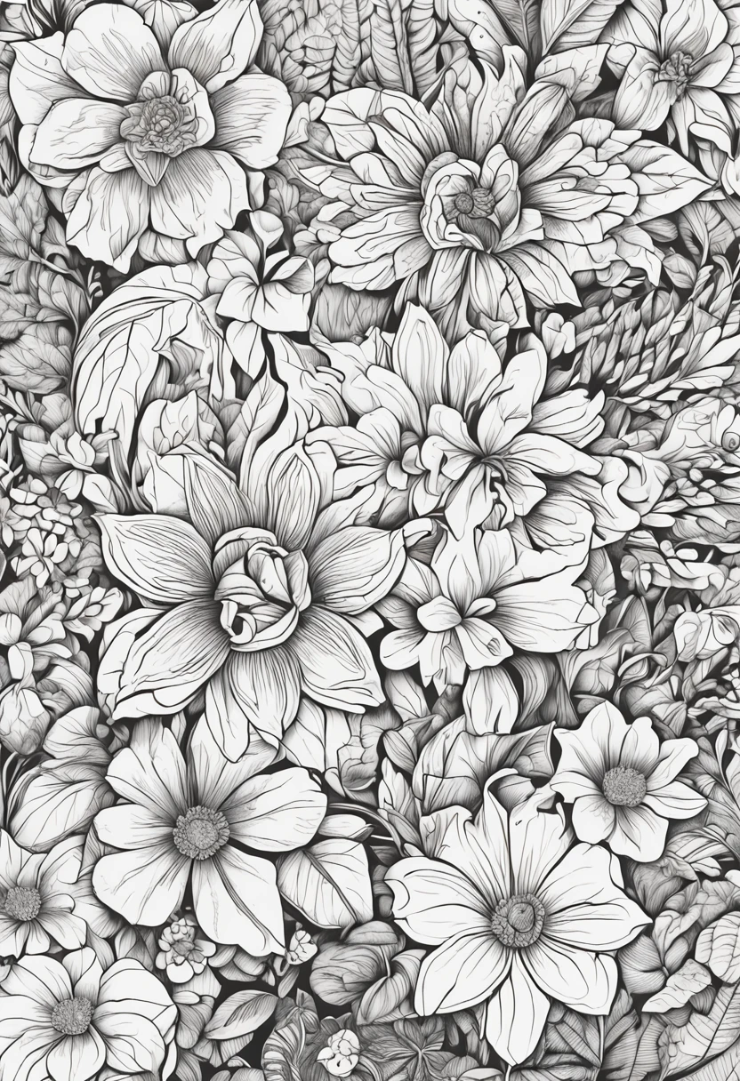 Enchanted gardens coloring pages full of flowers, exotic plants and magical elements in black and white