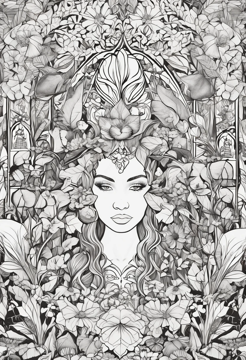 Enchanted gardens coloring pages full of flowers, exotic plants and magical elements in black and white