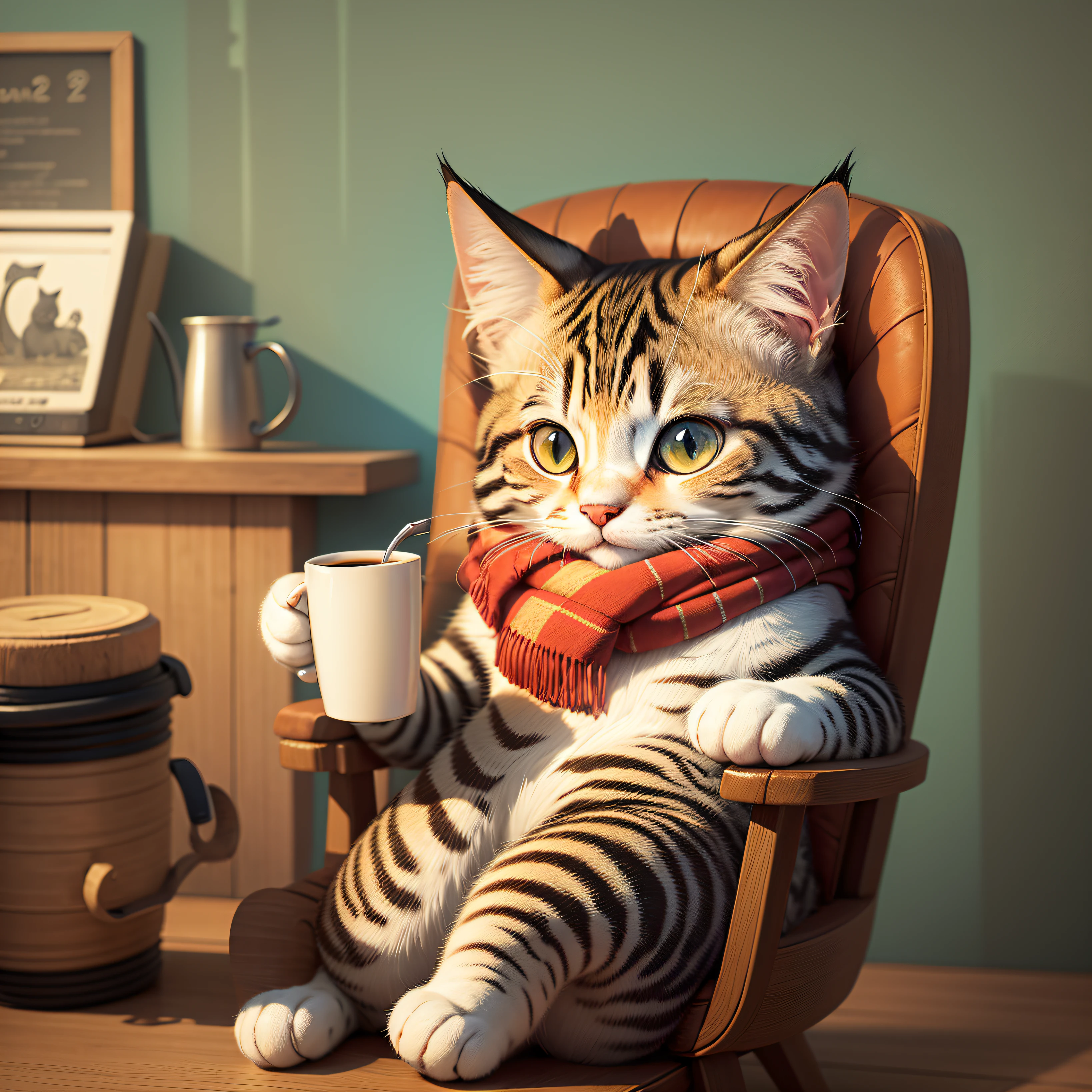 cartoon of a relaxed cat with a scarf and drinking a cup of coffee, retro vintage background --auto --s2