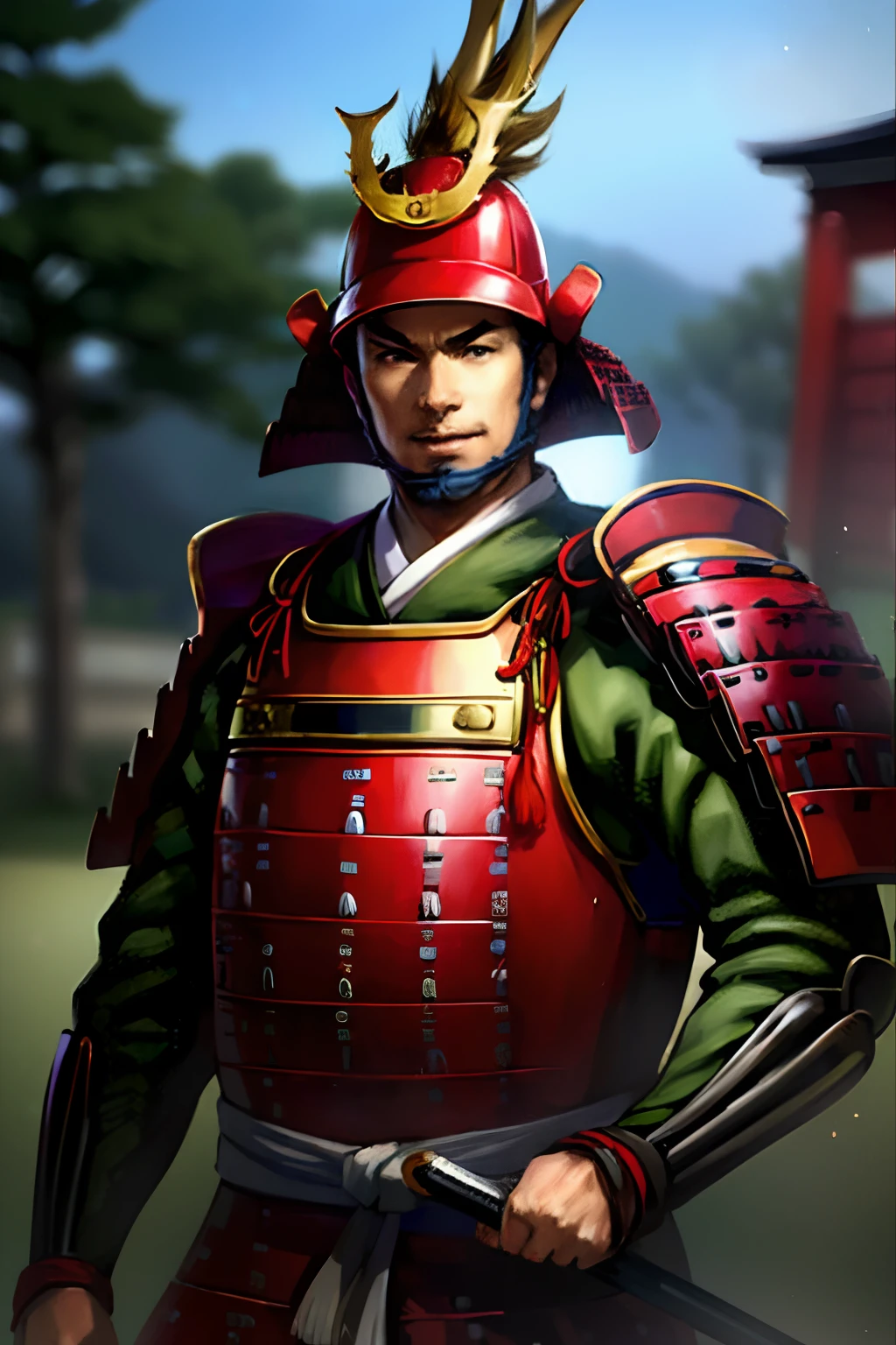 (8k, RAW Photos, top-quality, hight resolution:1.2), (realisitic, Photorealsitic:1.37) , japanese male, japanes, 独奏, 1 baby boy, Riding a horse,ck, Red Helmet, arma, 独奏, green grass　japanese_armor, Green armor,Antlers, 1boy, male_focus, samurai