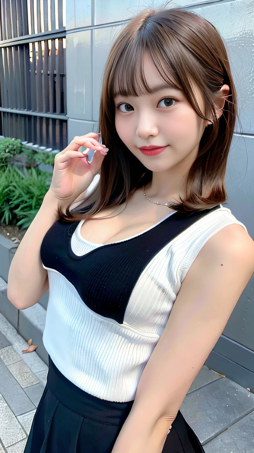 (top-quality、8k、32k、​masterpiece、UHD:1.2)、1girl in、beautiful japanese female、big breasts thin waist、Aligned bangs、Tight white tops、Black miniskirt、20yr old、Coming down the brick stairs、（Bite Pose:1.2)、(smil:1.2)、