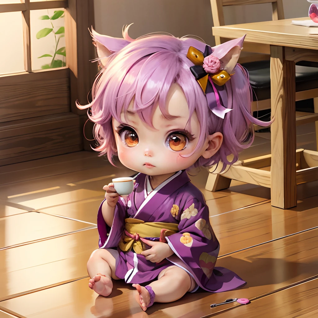 Cute baby chibi anime, purple and pink kimono, sit teacup