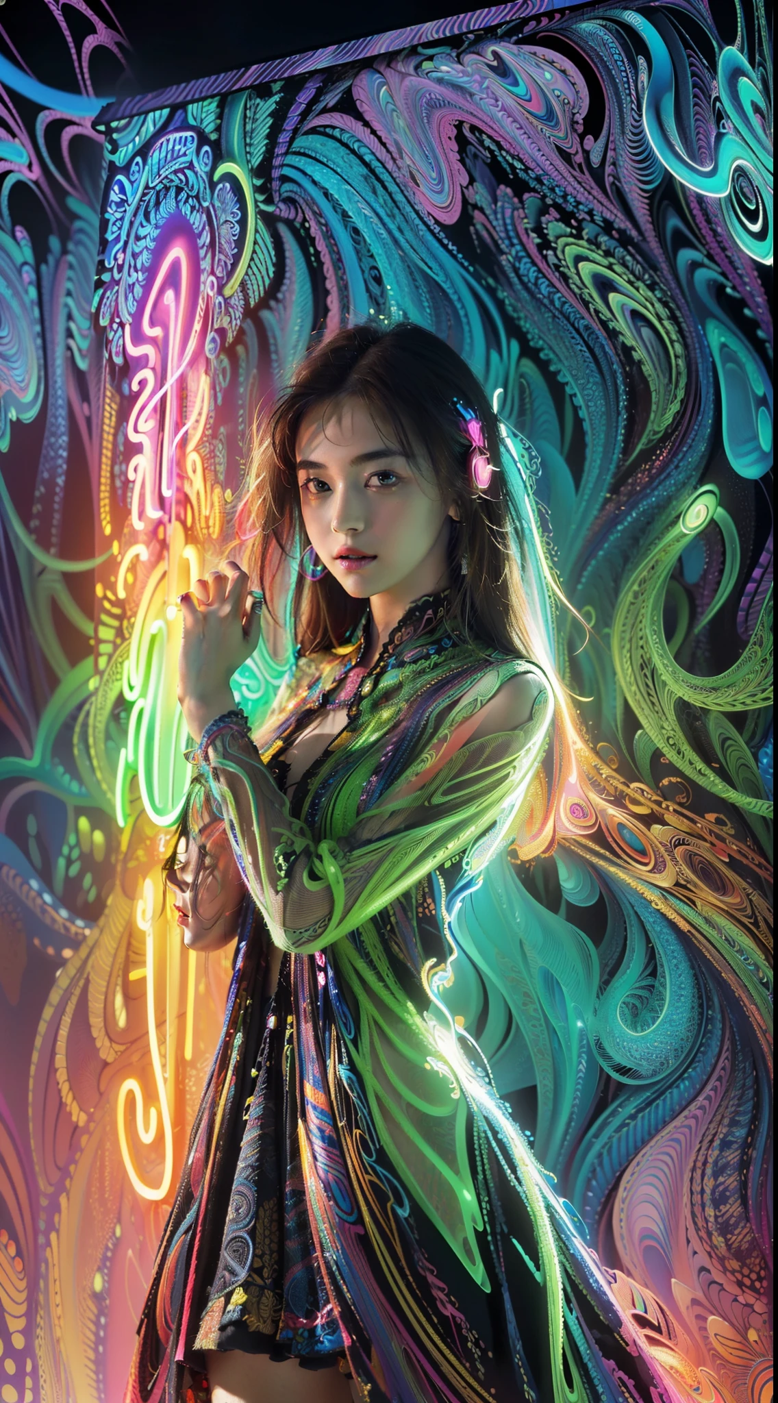 (masterpiece, top quality, best quality, official art, beautiful and aesthetic:1.2), (1girl:1.3), extremely detailed,(fractal art:1.2),colorful,highest detailed,( zentangle neon:1.2), (dynamic pose), (abstract background neon:1.5), (treditional dress:1.2), (shiny skin), (many colors:1.4), upper body ,Neon,16K,Full HD
