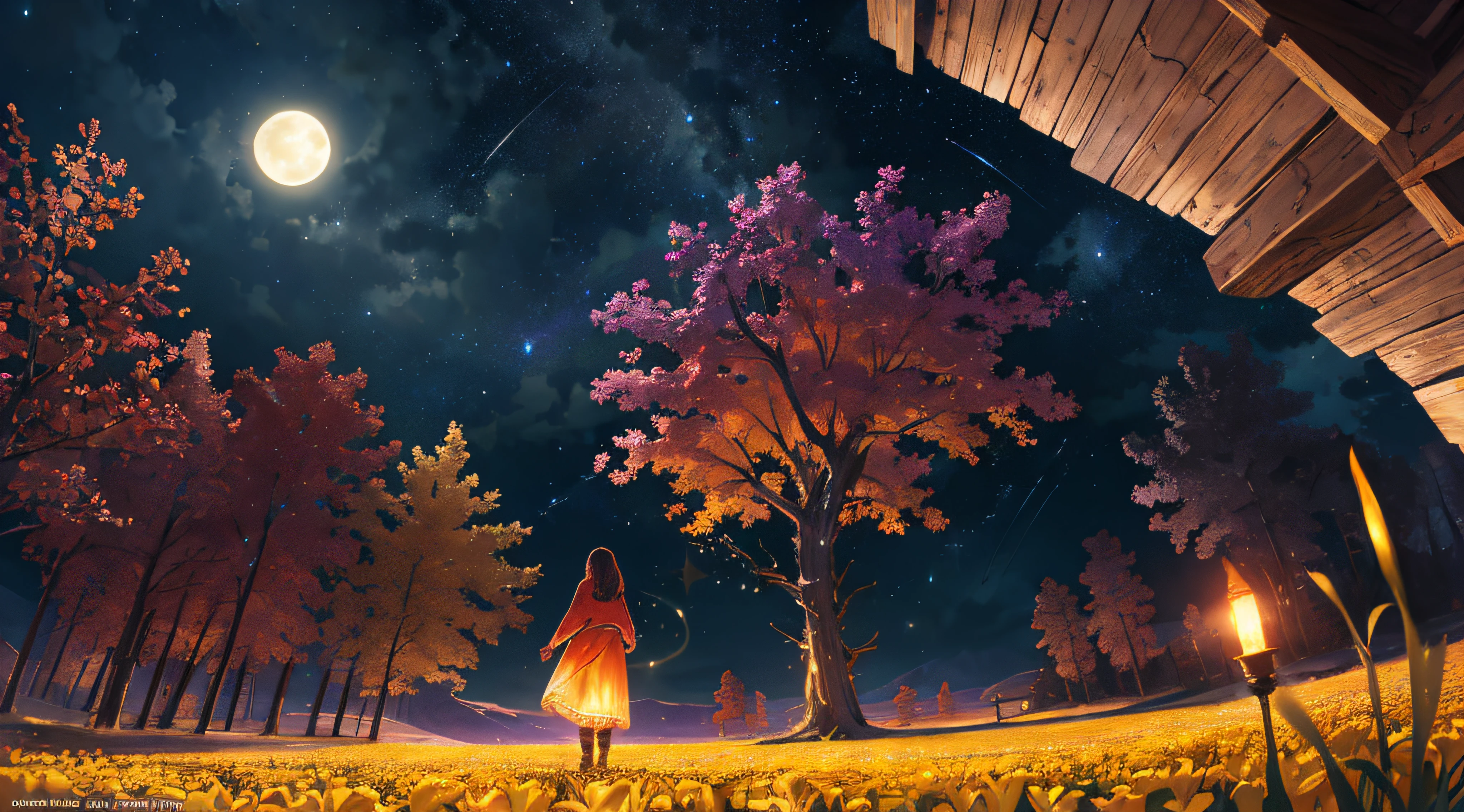expansive landscape photograph , (a view from below that shows sky above and open field below), a girl standing on flower field looking up, (full moon:1.2), ( shooting stars:0.9), (nebula:1.3), distant mountain, tree BREAK
production art, (warm light source:1.2), (Firefly:1.2), lamp, lot of purple and orange, intricate details, volumetric lighting, realism BREAK
(masterpiece:1.2), (best quality), 4k, ultra-detailed, (dynamic composition:1.4), highly detailed, colorful details,( iridescent colors:1.2), (glowing lighting, atmospheric lighting), dreamy, magical, (solo:1.2)