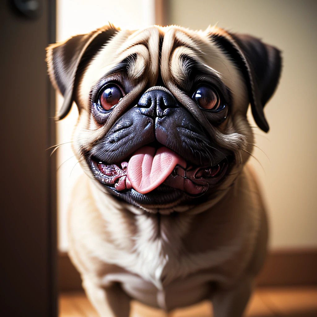 Anthropomorphic pug dog, Lightroom, cinemactic, HDR, .RAW, intrincado, Hiqualidade, Stick out their tongues,tons suaves, detalhes intrincados, baixo contraste