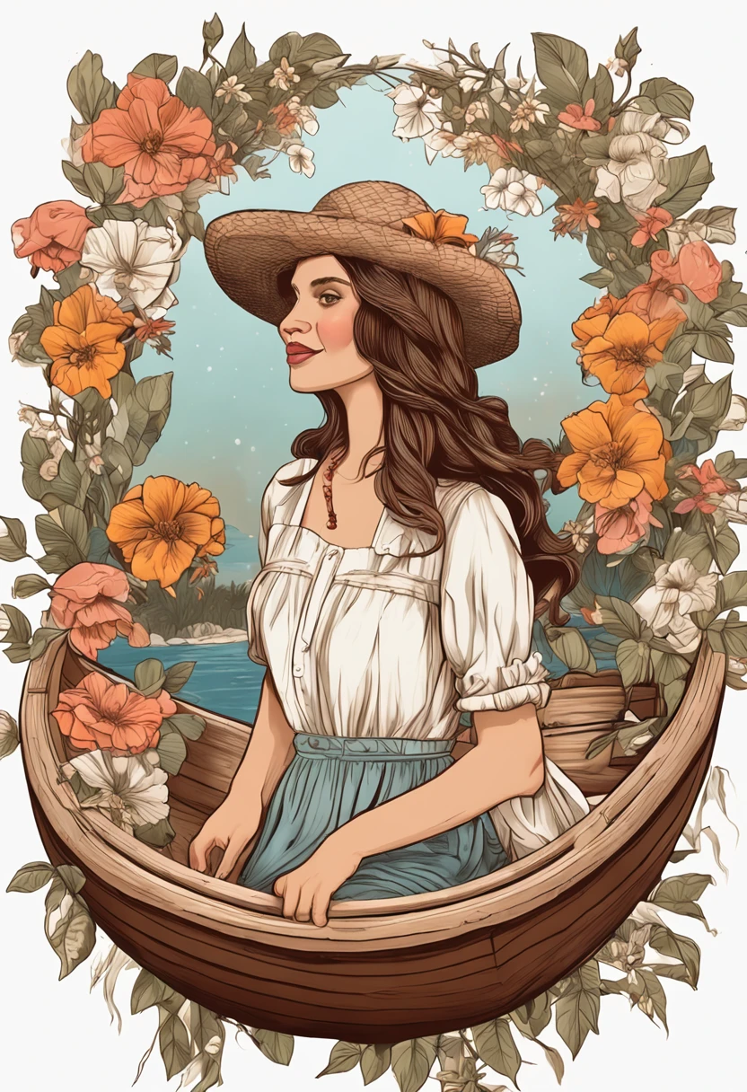 "Woman in wooden boat vintage cottage style with flowers on hair, Shoot in beautifully detailed scenes,well-illuminated. The images have realistic and highly artistic qualities, Similar to a masterpiece. The woman was happy, The background has a clean white background, Reminiscent of sticker designs."