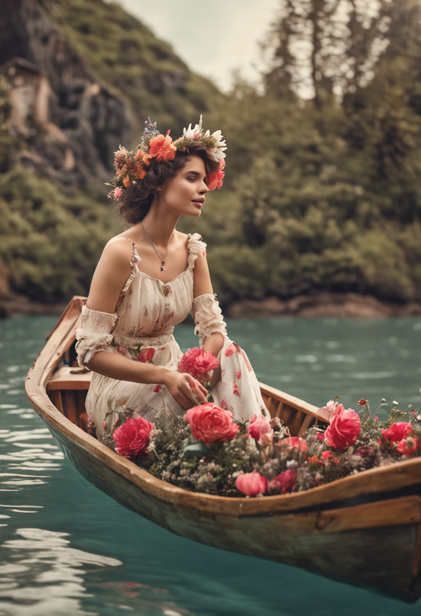 "Woman in wooden boat vintage cottage style with flowers on hair, Shoot in beautifully detailed scenes,well-illuminated. The images have realistic and highly artistic qualities, Similar to a masterpiece. The woman was happy, The background has a clean white background, Reminiscent of sticker designs."