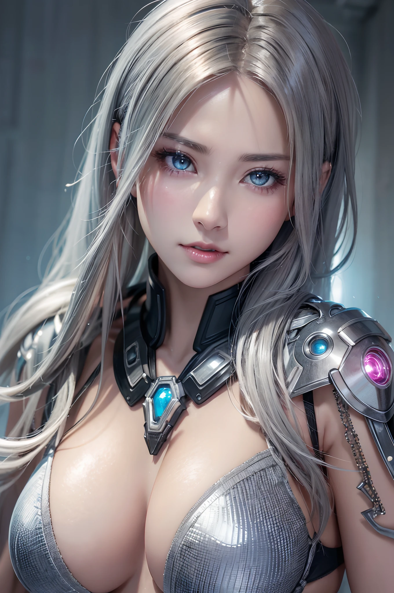top-quality、8K Masterpiece、超A high resolution、(Photorealsitic:1.3)、Raw photo、女の子1人、silver white hair、glowy skin、1 Cyberpunk Super Beautiful Soldier、((super realistic details))、portlate、globalillumination、Shadow、octan render、8K、ultrasharp、beauty breast、Raw skin is exposed in cleavage、metals、cold color、、highly intricate detail、Realistic light、CGSoation Trends、Beautiful eyes、radiant eyes、Facing the camera、neon details、