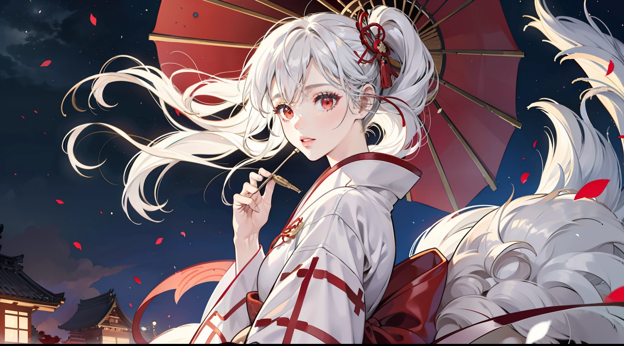 A girl wearing a Japanese kimono,Long silver-white hair,Red eyes,Kimono with white,The feeling of the wind blowing,the night,Lights in the distance,Cinematic lenses,Light,atmosphere,Drawing,Full-HD,Ultra detailed,Meticulous drawing,