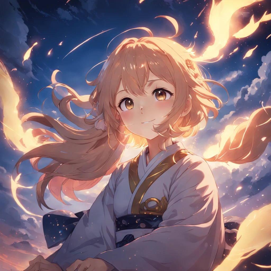 masterpiece, best quality, movie still, 1girl, cloud girl, floating in the sky, close-up, bright, happy, warm soft lighting, sunset, (sparks:0.7) genshin impact