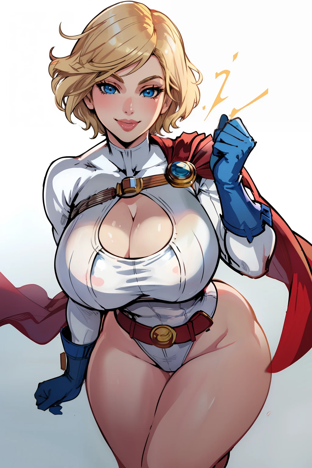 power girl, lips,Smile, Cleavage cutout, center opening, belt, blonde hair, blue eyes, cape, cleavage, blue gloves, highleg, white leotard, Short hair, 1girl, full - body, Masterpiece, Best Quality,