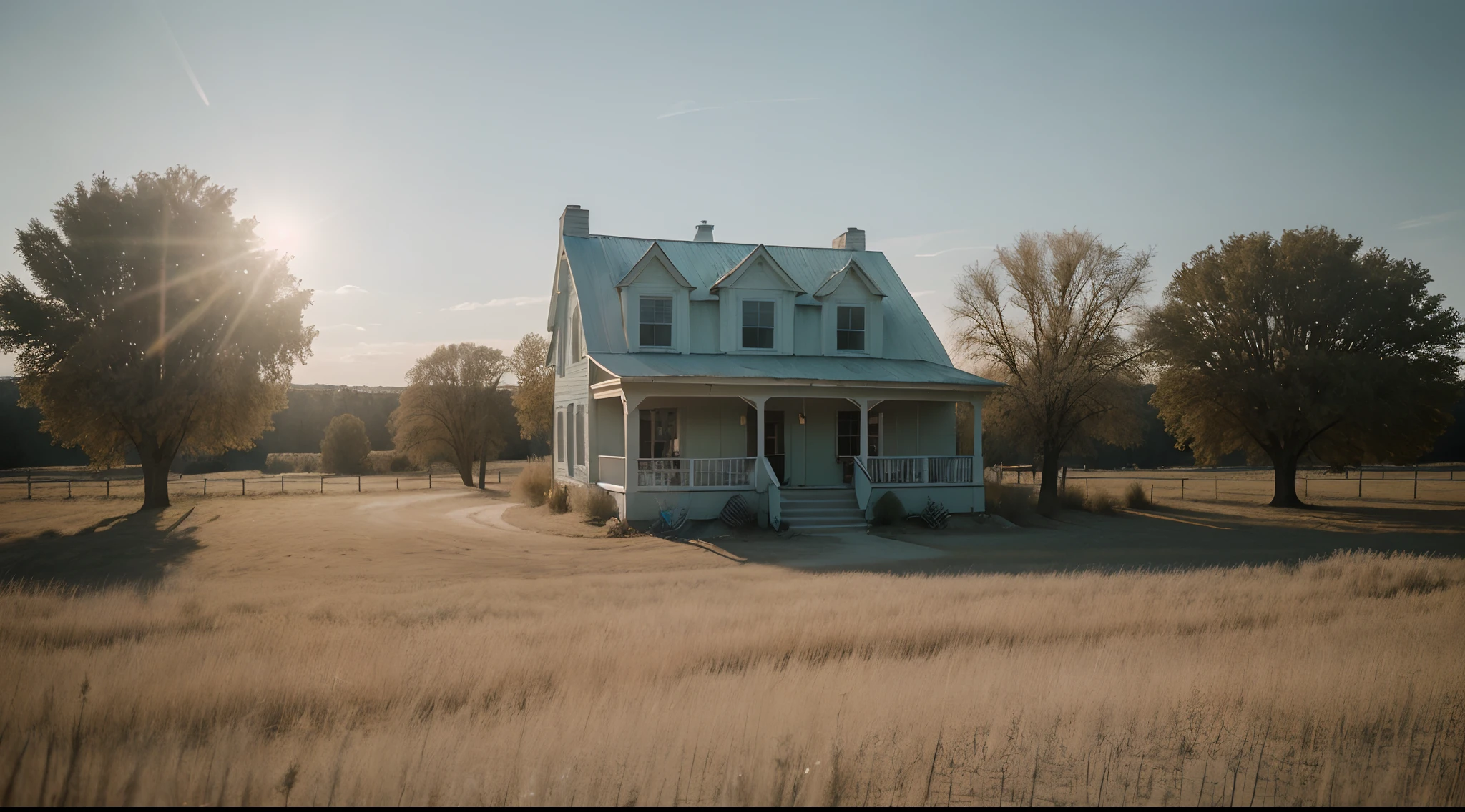 a country scene, there is a lot of dust in the wind, calm and peaceful composition, wide-angle camera scene, contemplative scene, pastel colors, full body shot, sunny and daylight, movie perspective, high definition, intricate details, dynamic composition, volumetric light, RAW, masterpiece, Fujifilm XT3, shadow contrast, photorealistic