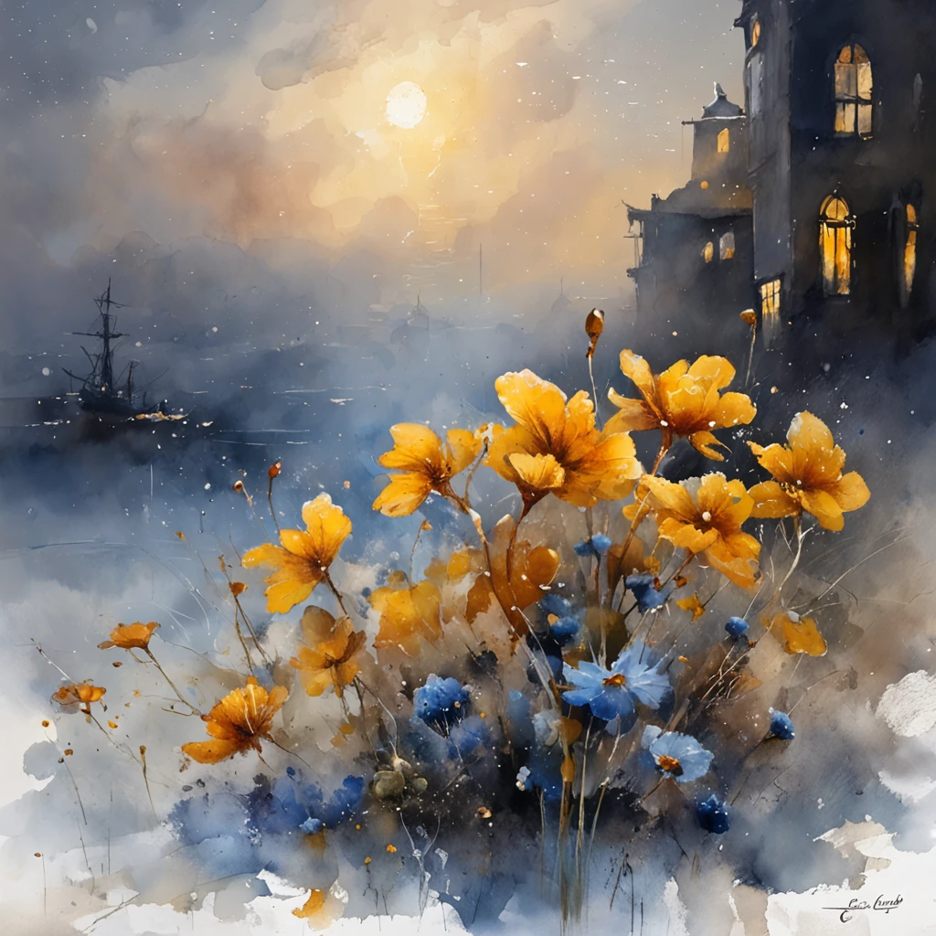 A withering flower with monotonous colors, Starry night, Thick fog on the ground, Blue light on the horizon, Unreal Engine 5, Cinematic, low angle photography, Motion blur, Depth of field, Dust, Cobblestones and dirt. Splash Art, dripping paint. Carel Appel and Jeremy Mann's influence, A scene full of sadness, Hyper-detailed, Beautiful, insanely details, Intricate details, editorial photography, shot with a 50mm lens, Depth of field, Tilt Blur, Shutter speed 1/1000, f/22. Lightmaps, Super bright