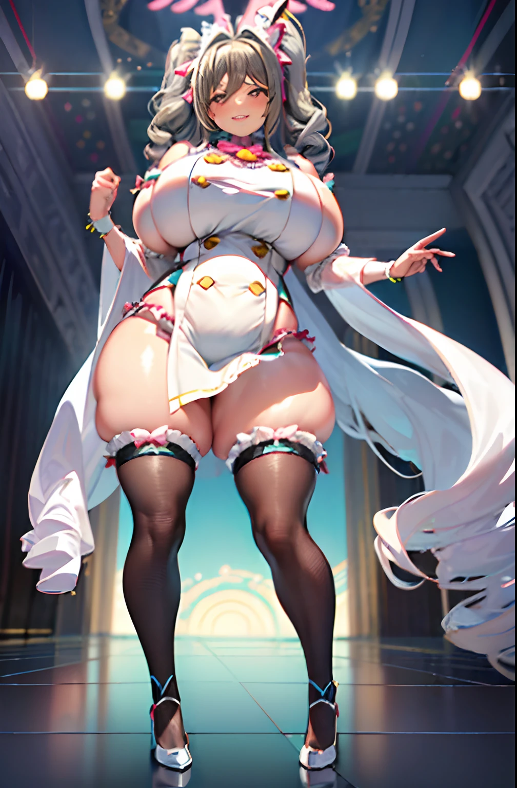 (huge-breasted:1.6), (Huge breasts:1.6), (thick thighs:1.4), The woman is wearing an angel costume、Pose in a costume party setting wearing a long skirt, (Ranko Kanzaki:1.4), (Curve:1.7), 1girl in, Solo, Wings, Dress, twin drills, Grey Hair, Pink eyes, Aquabow, aqua ribbon, White shirt, White skirt, frilly dress, frilly sleeves,Fur-rimmed legwear,Aqua Thighs, Tsurime, Smile, Bow, Looking at Viewer, Hair Bow