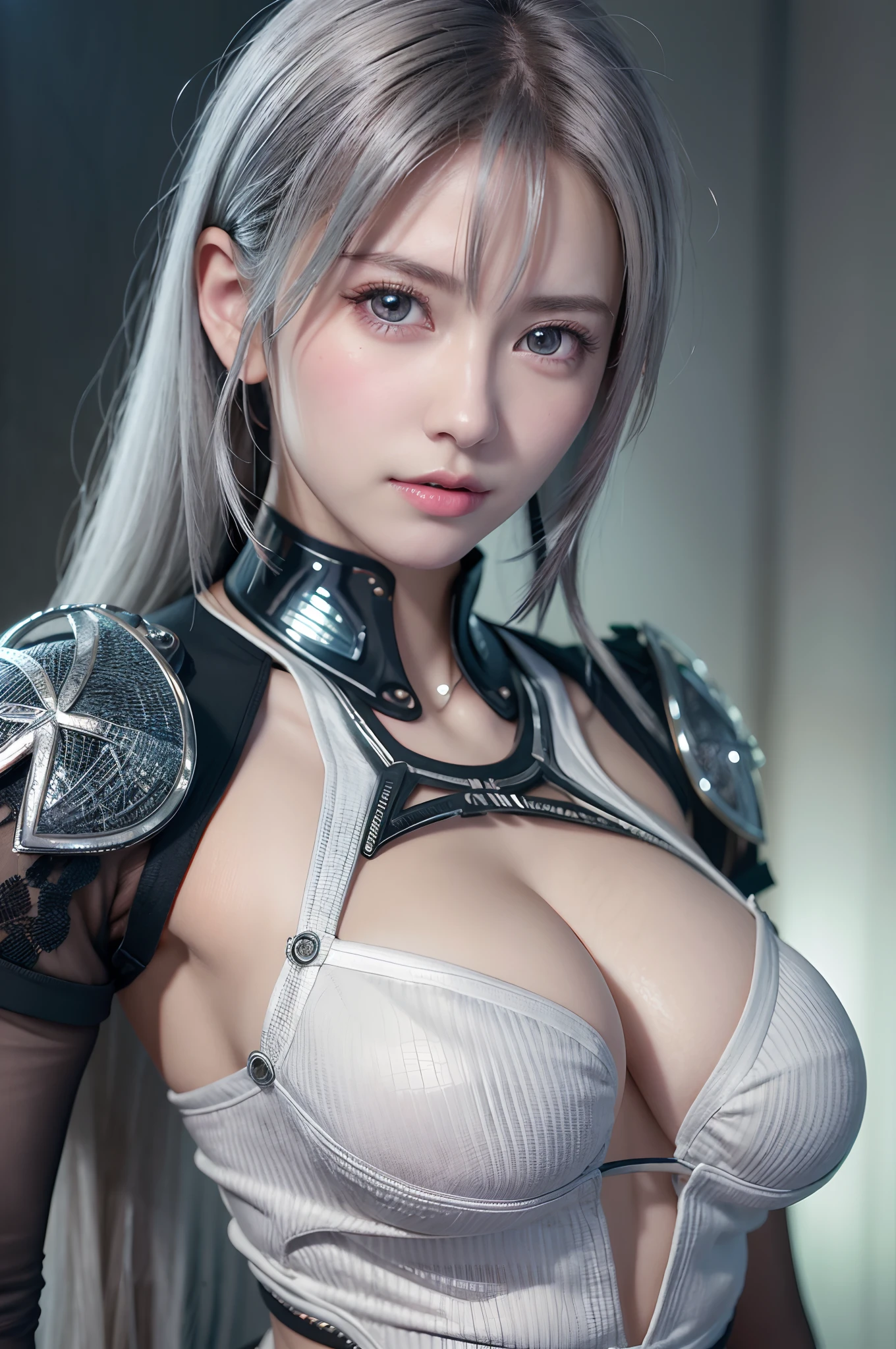 top-quality、8K Masterpiece、超A high resolution、(Photorealsitic:1.3)、Raw photo、女の子1人、silver white hair、glowy skin、1 Cyberpunk Super Beautiful Soldier、((super realistic details))、portlate、globalillumination、Shadow、octan render、8K、ultrasharp、beauty breast、Raw skin is exposed in cleavage、metals、cold color、、highly intricate detail、Realistic light、CGSoation Trends、Beautiful eyes、radiant eyes、Facing the camera、neon details、