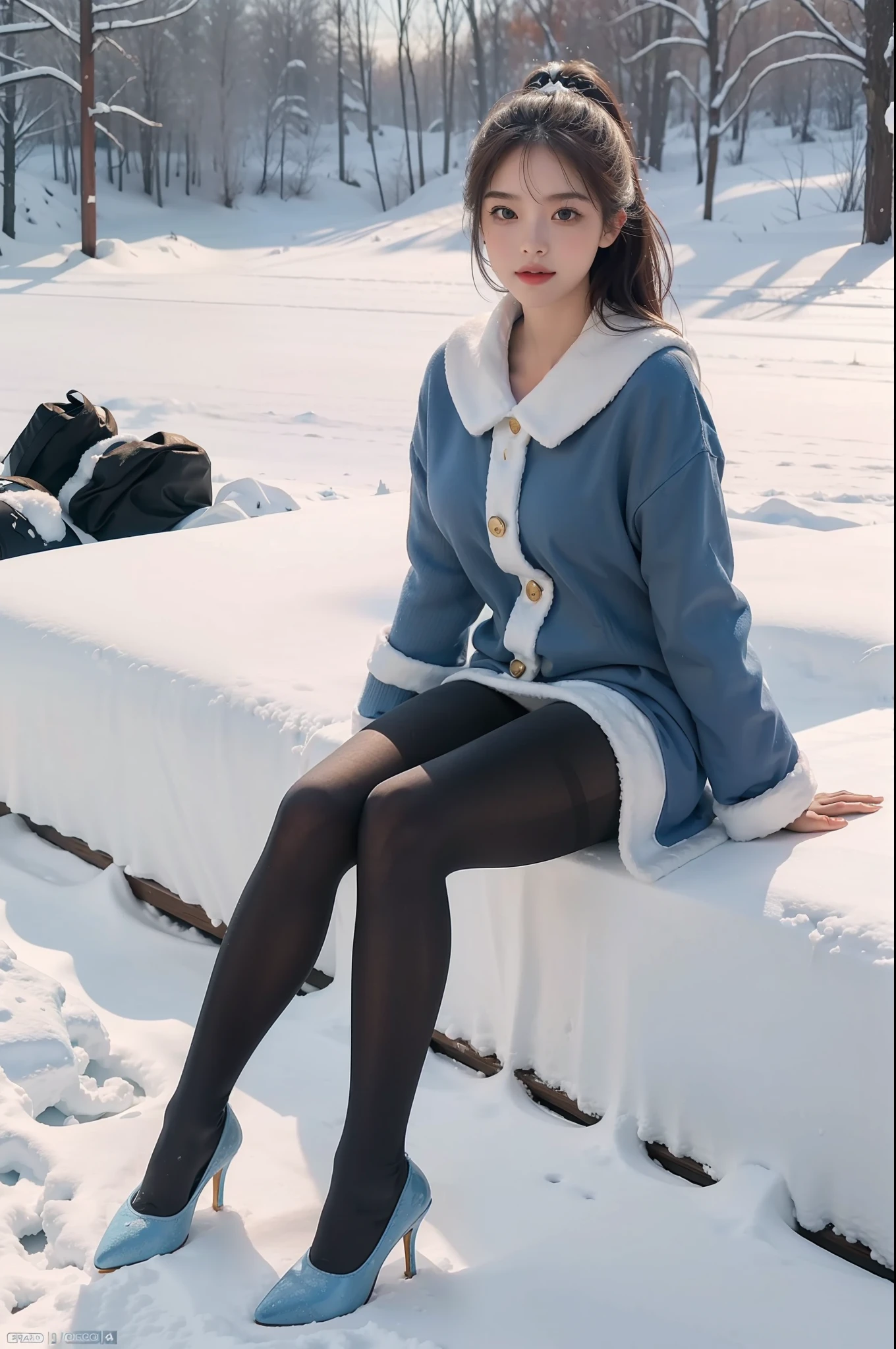 (full body:1.5),(1girl:1.3),(view the viewer:1.4),(anatomy correct:1.3),(Sitting in the snow:1.2),(A blue Santa Claus Set:1.2),( Very thick Lime Pantyhose:1.3),( girl pointed thick heels :1.1),(Accurate and perfect face:1.3),hyper HD, Ray traching, reflective light, structurally correct, Award-Awarded, high detail, lighten shade contrast, Face lighting ,cinematic lighting, masterpiece, super detailing, high quality, high detail, best quality, 16k,High contrast,