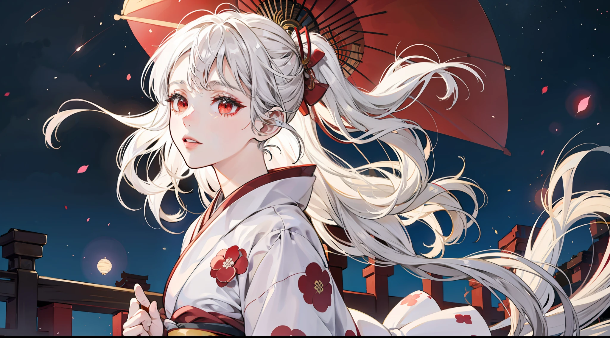 A girl wearing a Japanese kimono,Long silver-white hair,Red eyes,Kimono with white,The feeling of the wind blowing,the night,Lights in the distance,Cinematic lenses,Light,atmosphere,Drawing,Full-HD,Ultra detailed,Meticulous drawing,