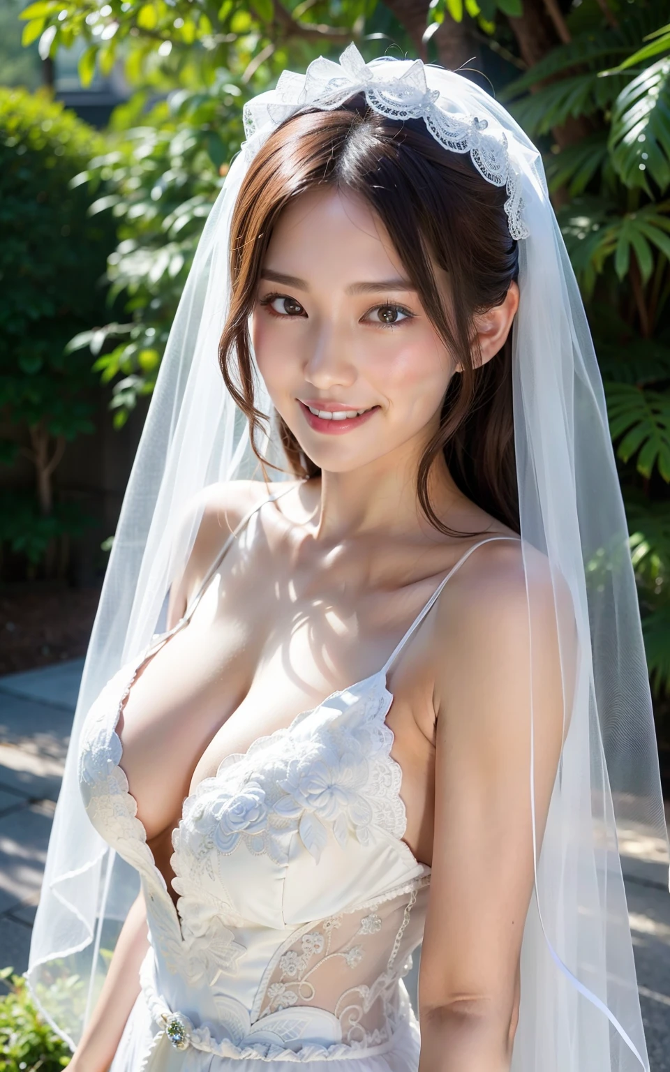 (top-quality、8K、32K、masterpiece、nffsw:1.2)、Cute Japan woman in her 20s、1girl in、(dark brown hair)、二重まぶた、(Colossal tits:1.2)、A sexy、((weddingdress、wedding veil))、(Deep slit:1.2)、(sideboob barbosa)、The whole body is visible、(A smile:1.1)