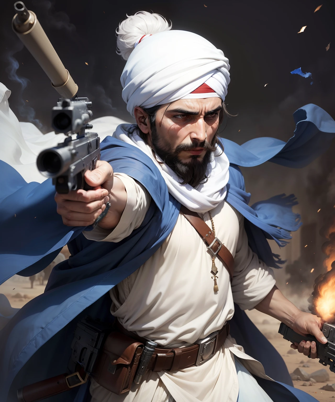 A Pashtun leader with white turban and blue robe   firing with the gun
