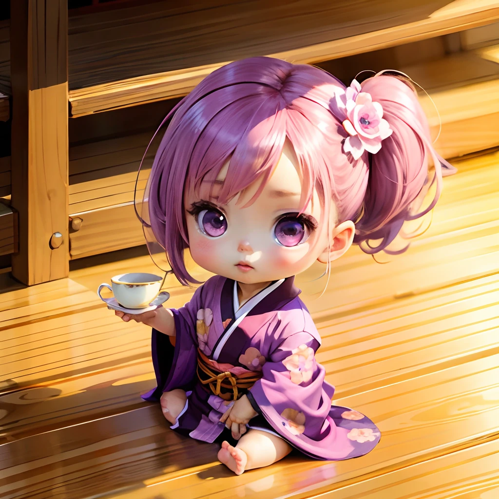 Cute baby chibi anime, purple and pink kimono, sit in teacup