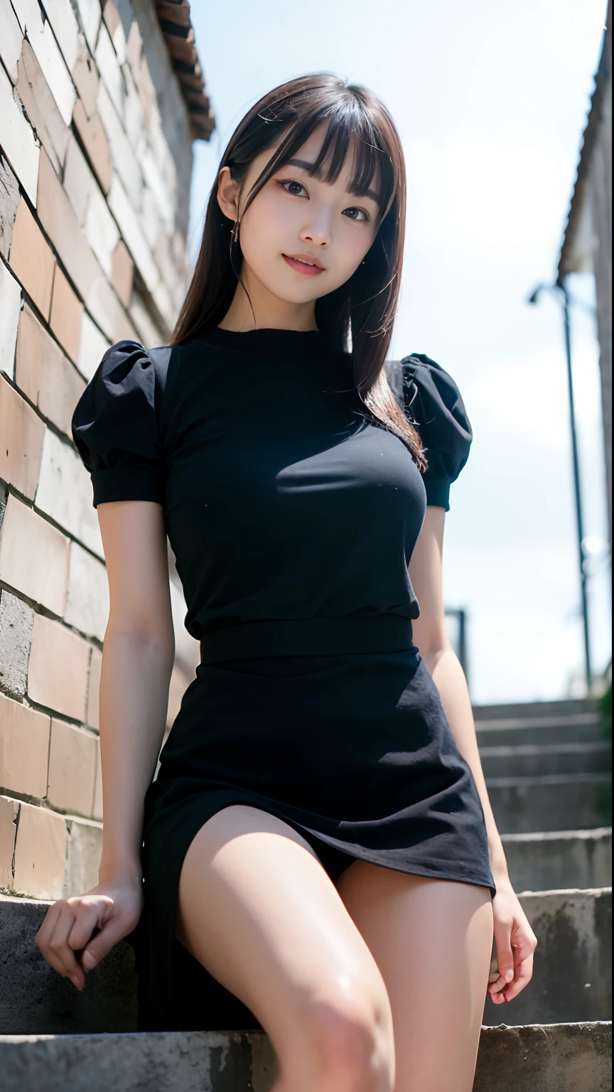 (top-quality、in 8K、32K、​masterpiece、nffsw:1.2)、1girl in、beautiful japanese female、big breasts thin waist、Aligned bangs、Tight white tops、Black miniskirt、18year old、Coming down the brick stairs、（Bite Pose:1.2)、(smil:1.2)、