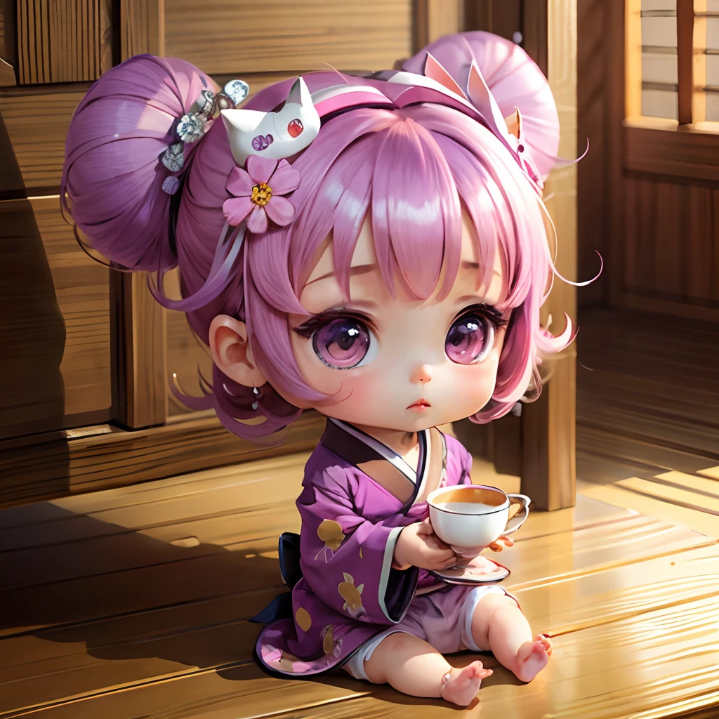 Cute baby chibi anime, purple and pink kimono, sit in teacup